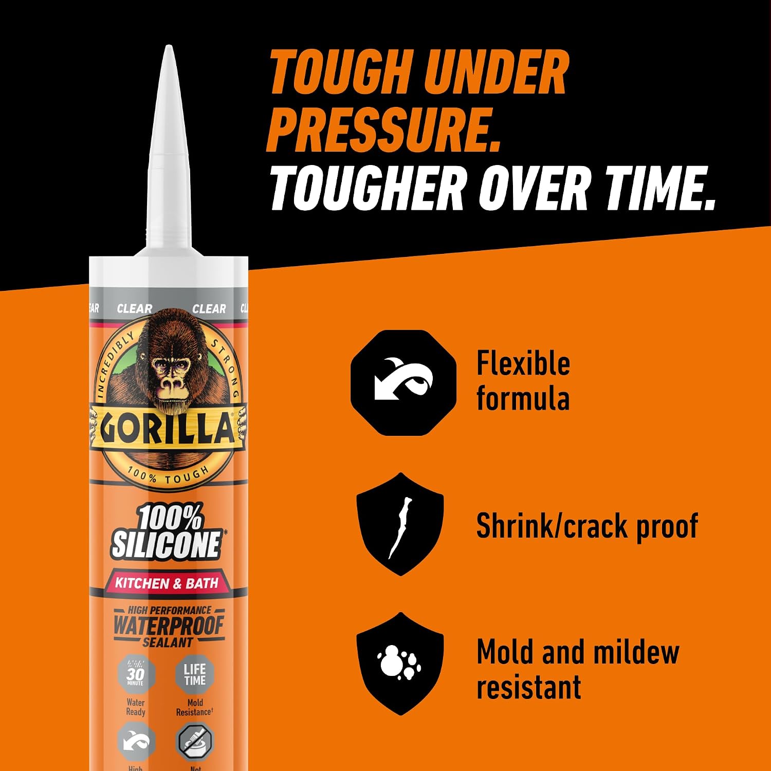 Gorilla 100% Silicone Caulk, Kitchen & Bath Sealant, 10oz Cartridge, Clear