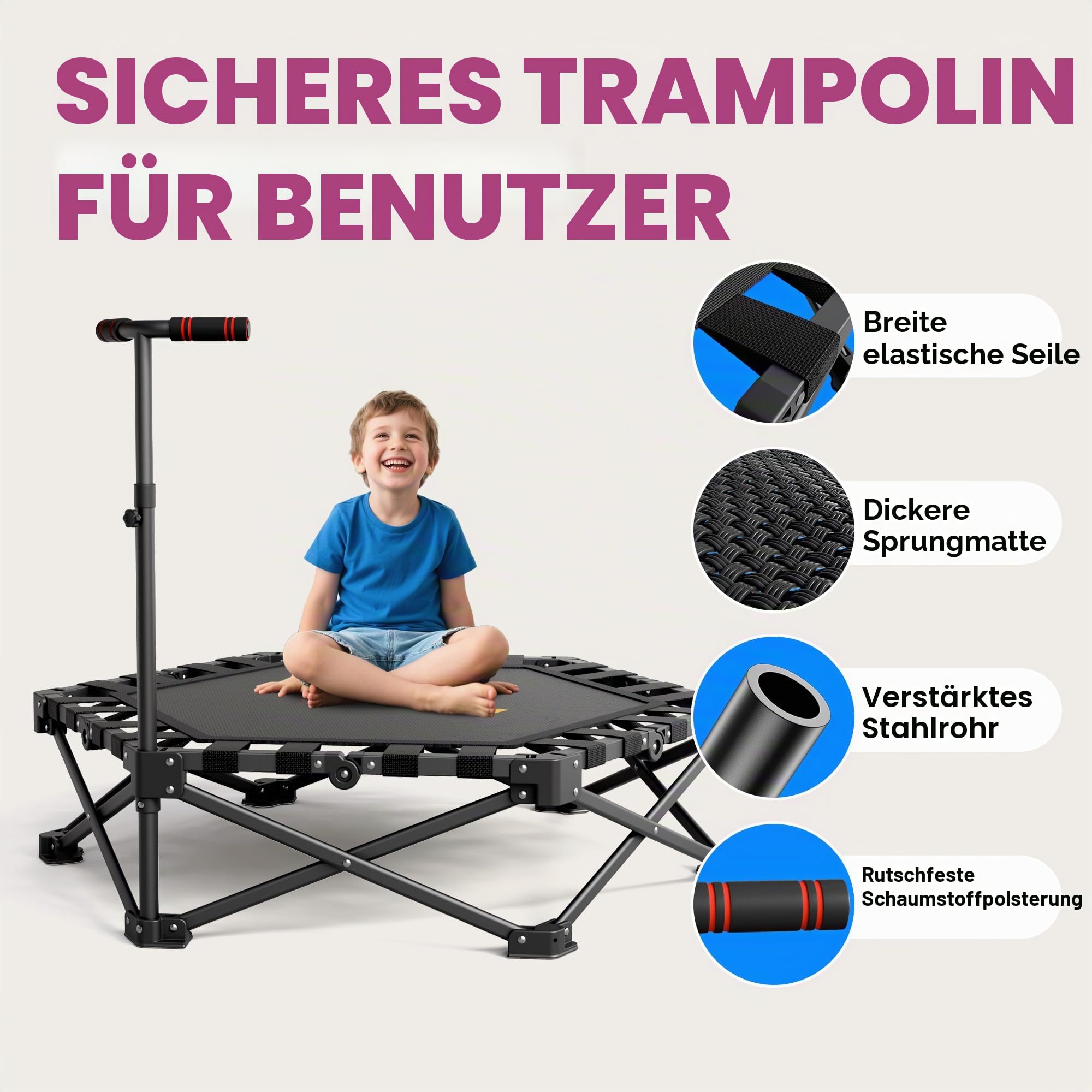 MOMODA Klappbar Fitness Trampolin Indoor mit Griff, Keine Installation Rebounder für Kinder und Erwachsene, Durchmesser 106 cm