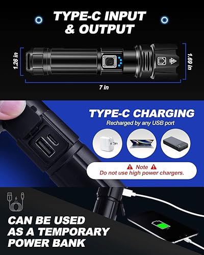 Miniatura 6 de Victoper Linterna recargable, linternas súper brillantes de alto lúmenes, 5 modos XHP 70.2 impermeable de alta potencia LED luz táctica de flash