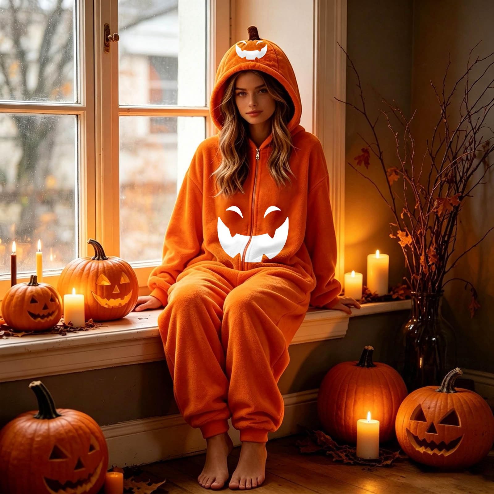 Pigiama Halloween Adulto Tuta Zucca in Flanella con Zip Frontale Chiusura con Zip Frontale, Pigiama Halloween Adulto, Tuta Zucca in Flanella per Casa e Feste