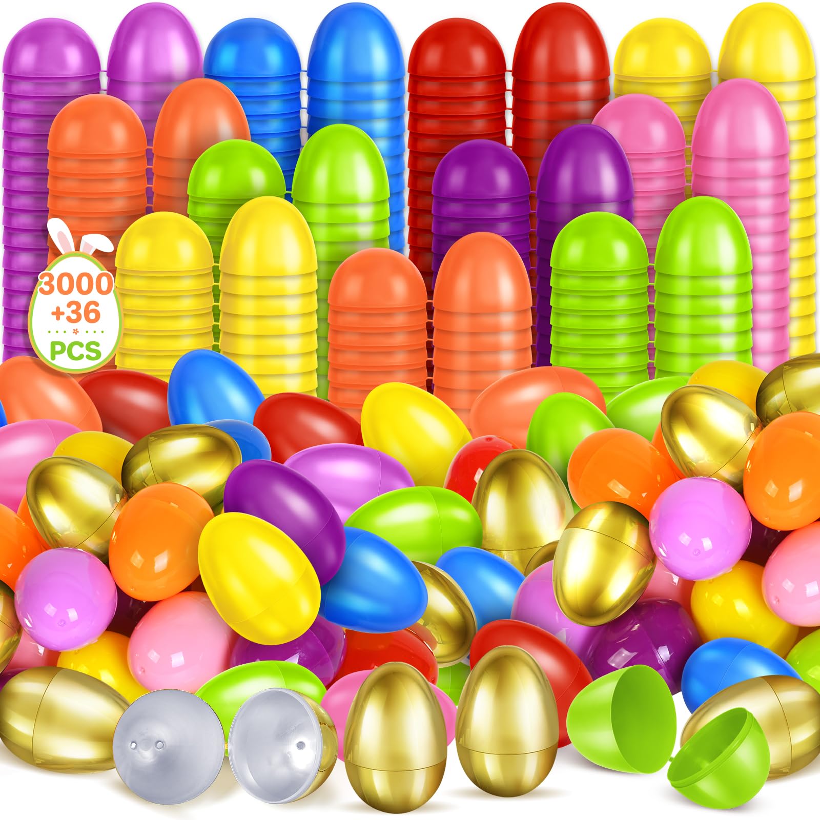 Shemira 3000 huevos de Pascua de plástico de 2.3 pulgadas más 36 huevos de Pascua dorados, huevos de Pascua vacíos rellenables, huevos de plástico a granel para relleno de cesta de Pascua, recuerdo de