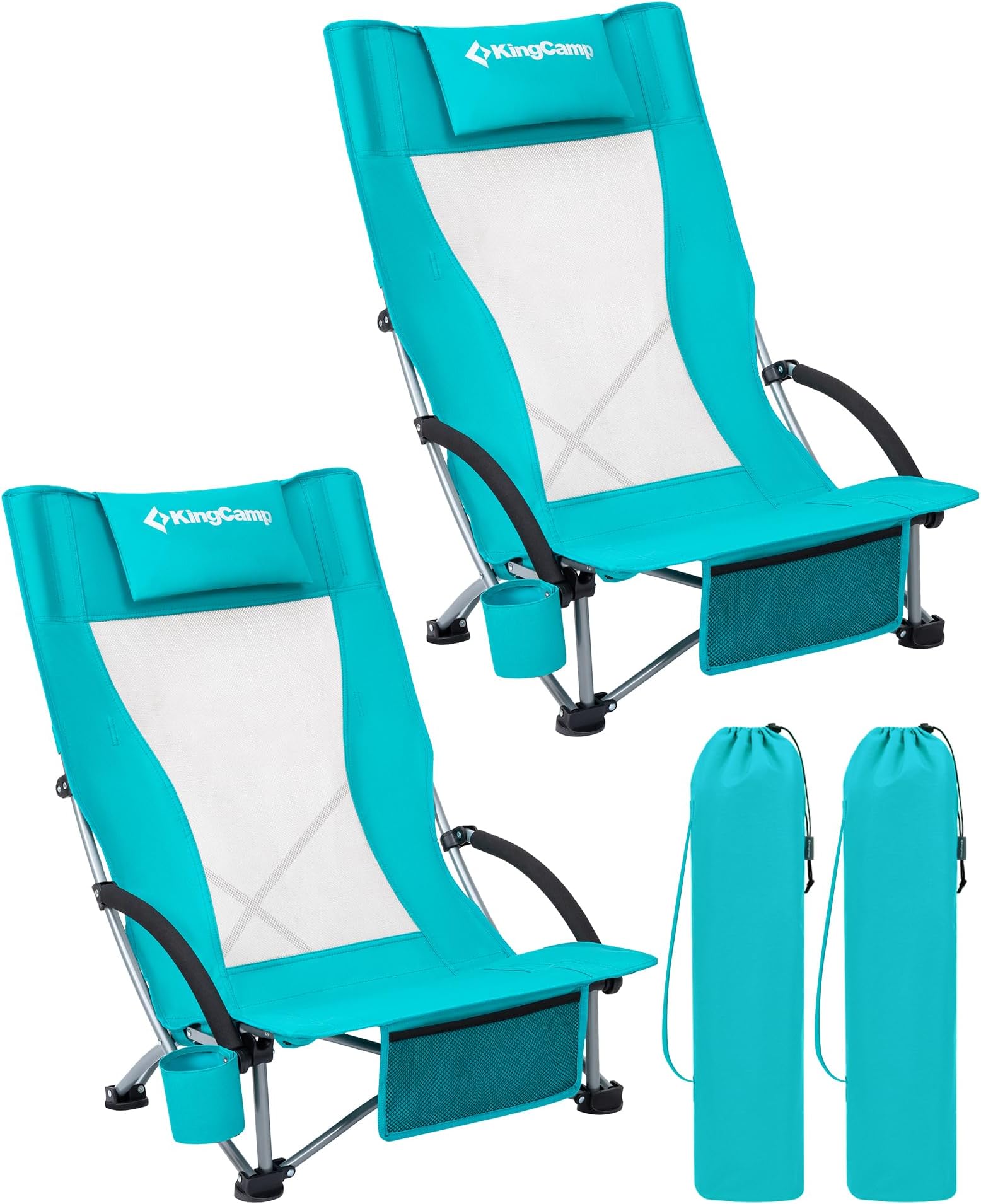 Set of 2 Beach Chair Low Folding Lightweight Concert Chair with Wide Seat & Storage Pocket 180kg Heavy Duty Picnic Chairs with Dual-Tube Stability Fillable Pillowcase Portable Cyan