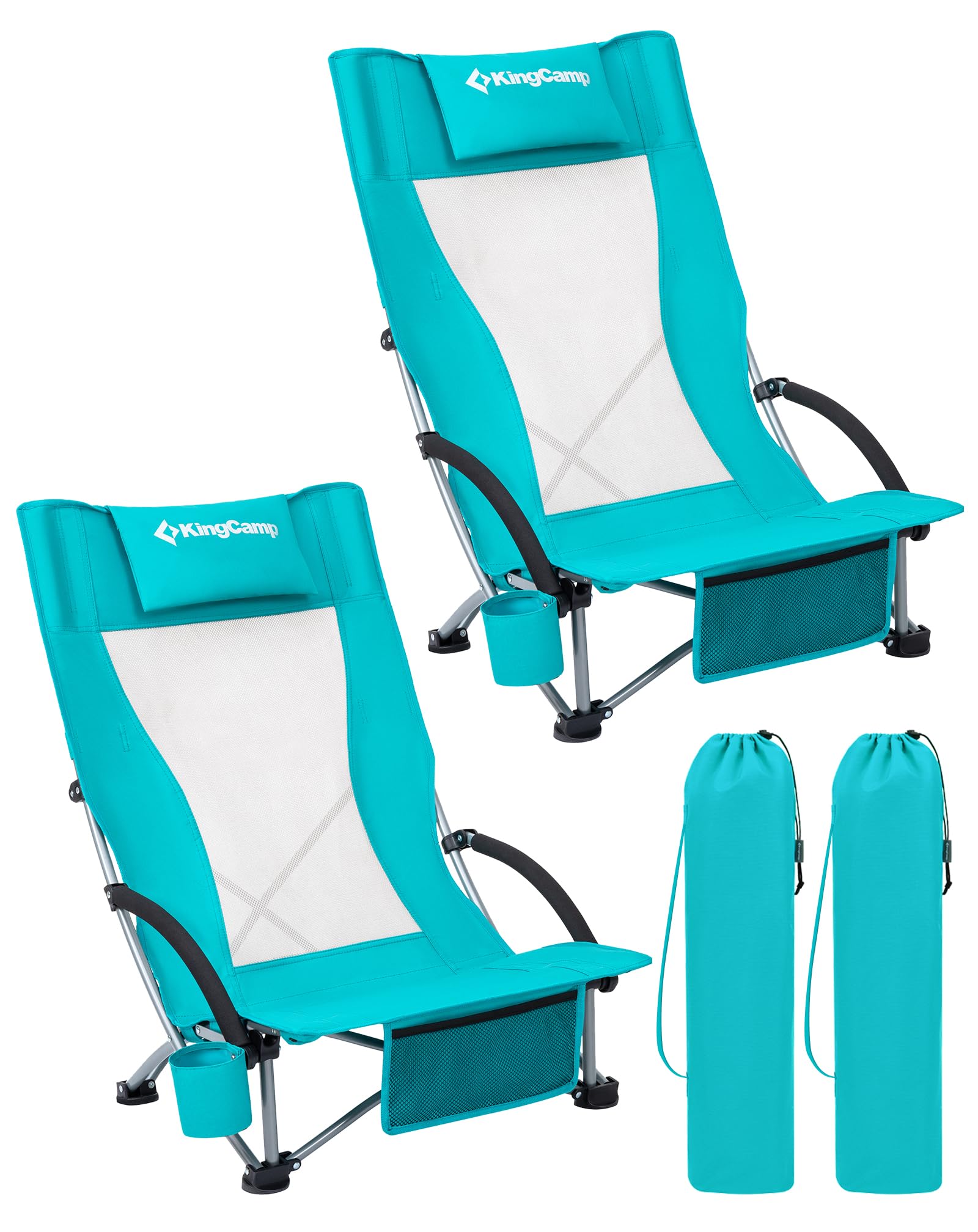 KingCamp Set di 2 Sedie da Spiaggia Pieghevoli Portata 180kg Cuscino Imbottibile Ciano