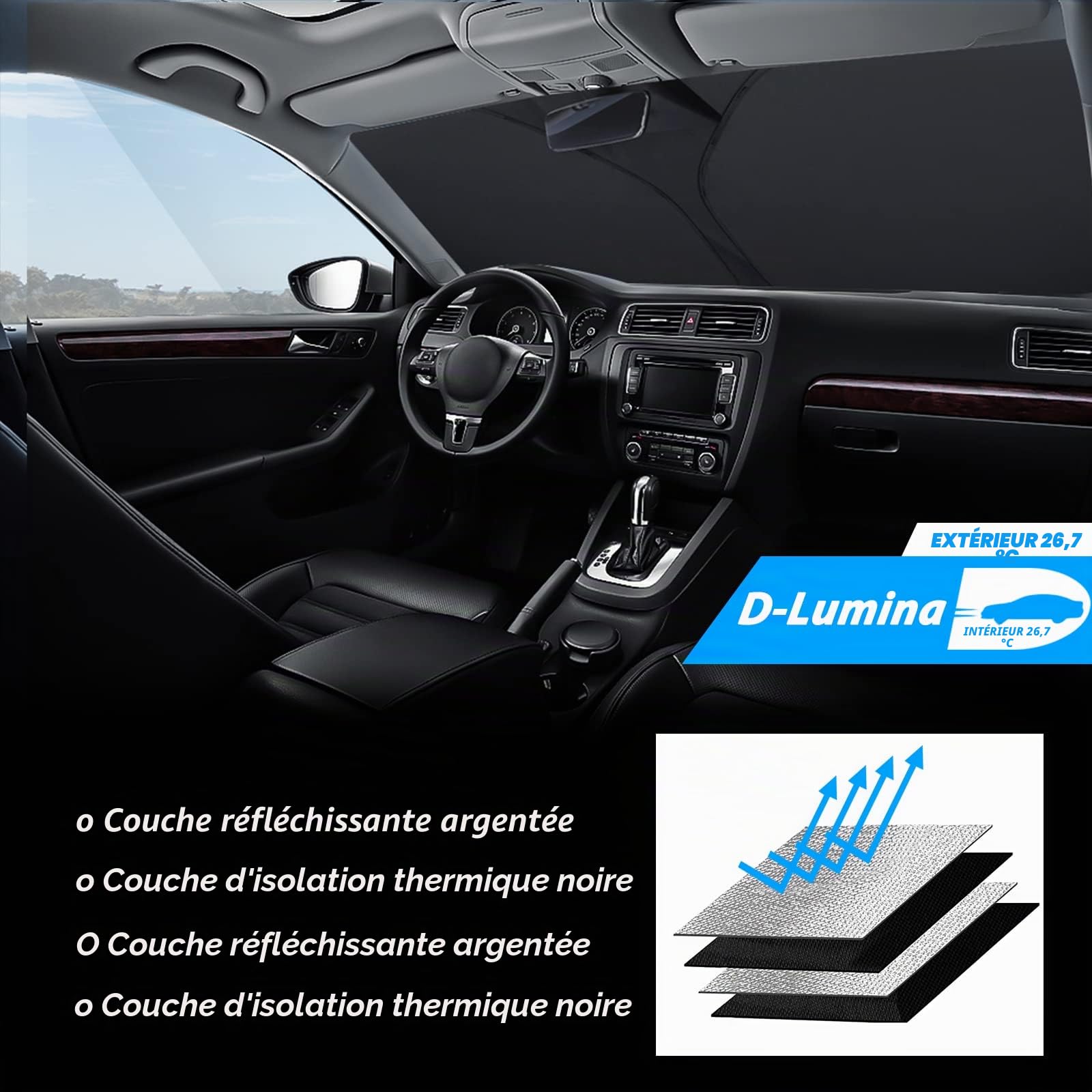 D-Lumina Pare-soleil de pare-brise pour accessoires Fo-rd Mustang 2015-2022 (ne convient pas pour Fo-rd Mustang Mach-E), pare-soleil de fenêtre avant bloquant les rayons UV, matériau pliable 210T