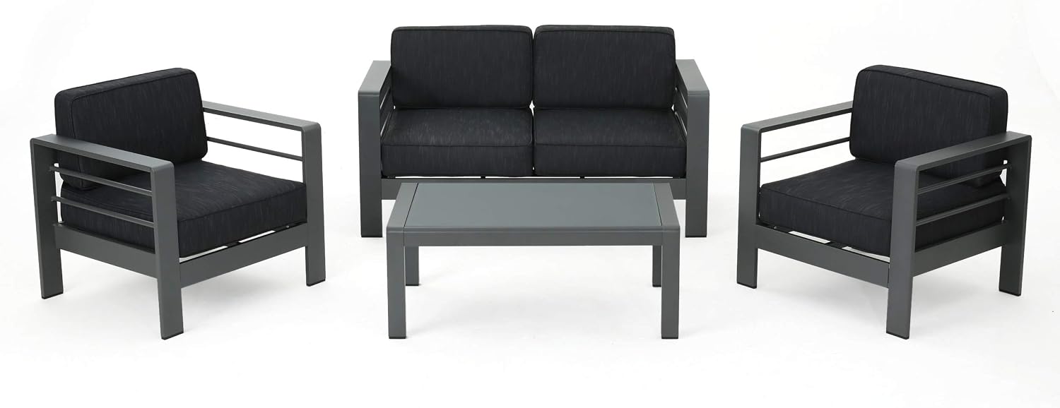 Christopher Knight Home Crested Bay Aluminum Outdoor Chat Set with Water Resistant Cushions, 4-Pcs Set, Grey / Dark Grey