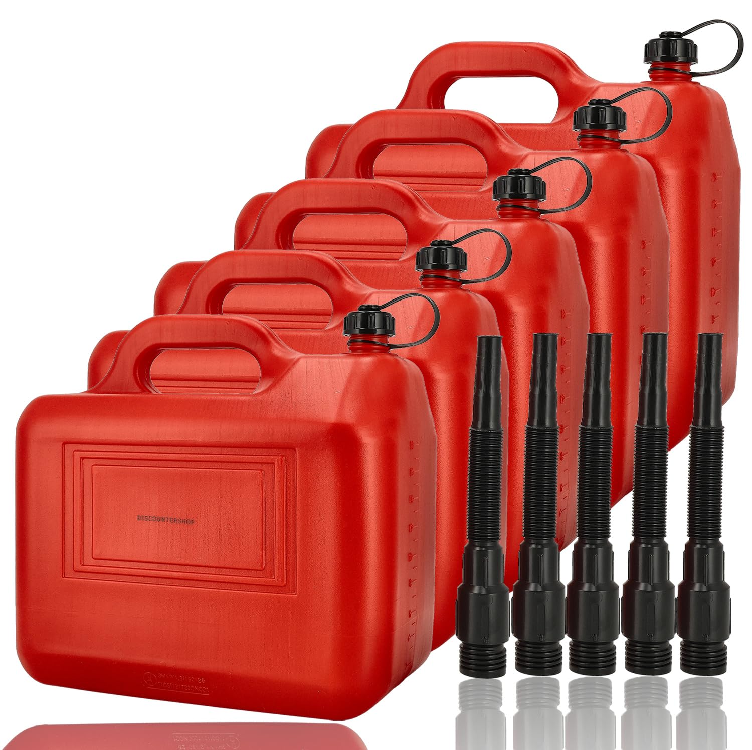 Jerrycan con Embudo Rojo 20L - Juego de 5 - Para Combustibles, Tapa con Cierre y Mango I Polietileno - Certificados por la ONU Jerrycans de combustible