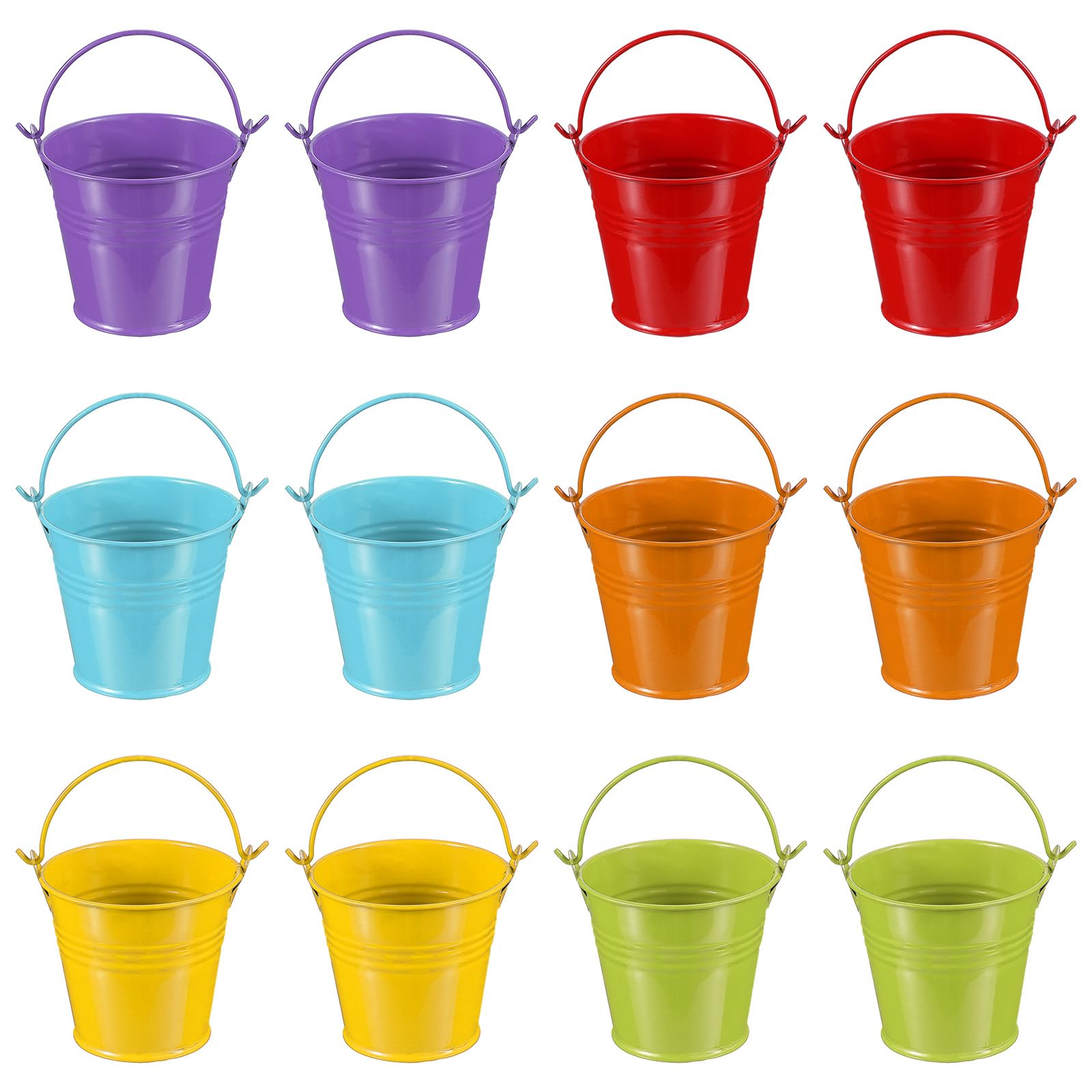 PATIKIL Secchi Metallici Piccoli con Manico, 12 Pz Secchi Galvanizzati Mini Colorati per Pasqua per Artigianato Feste Decorazioni, Verde/Giallo/Arancione/Blu/Rosso/Viola