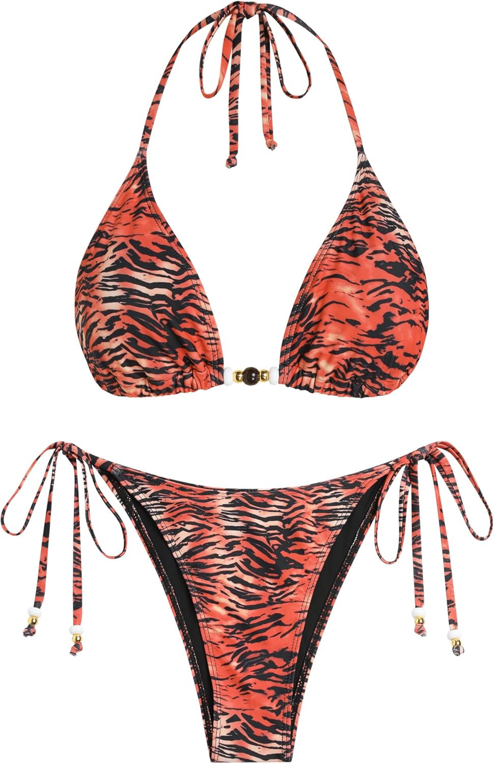 ZAFUL Women's Sexy Halter Bikini Sets Beads Tie Side Solid Triangle Thong Swimsuit Two Piece Cheeky Bathing Suits