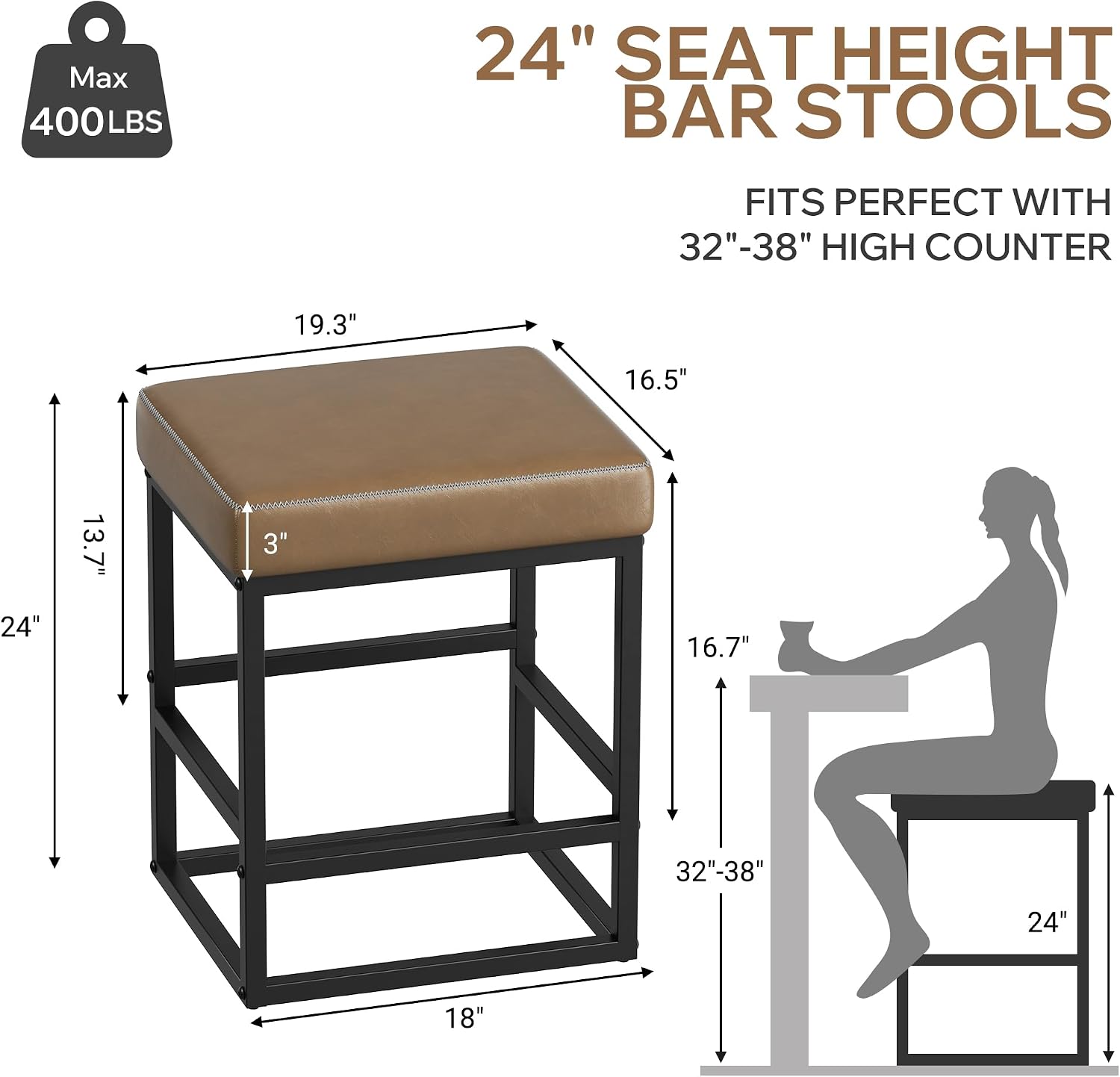 Bar Stools Set of 2, 24in Counter Height Barstools, Faux Leather Counter Stools with Thick Square Seats & Sturdy Metal Base, Modern Bar Chairs for Kitchen Island, Coffee