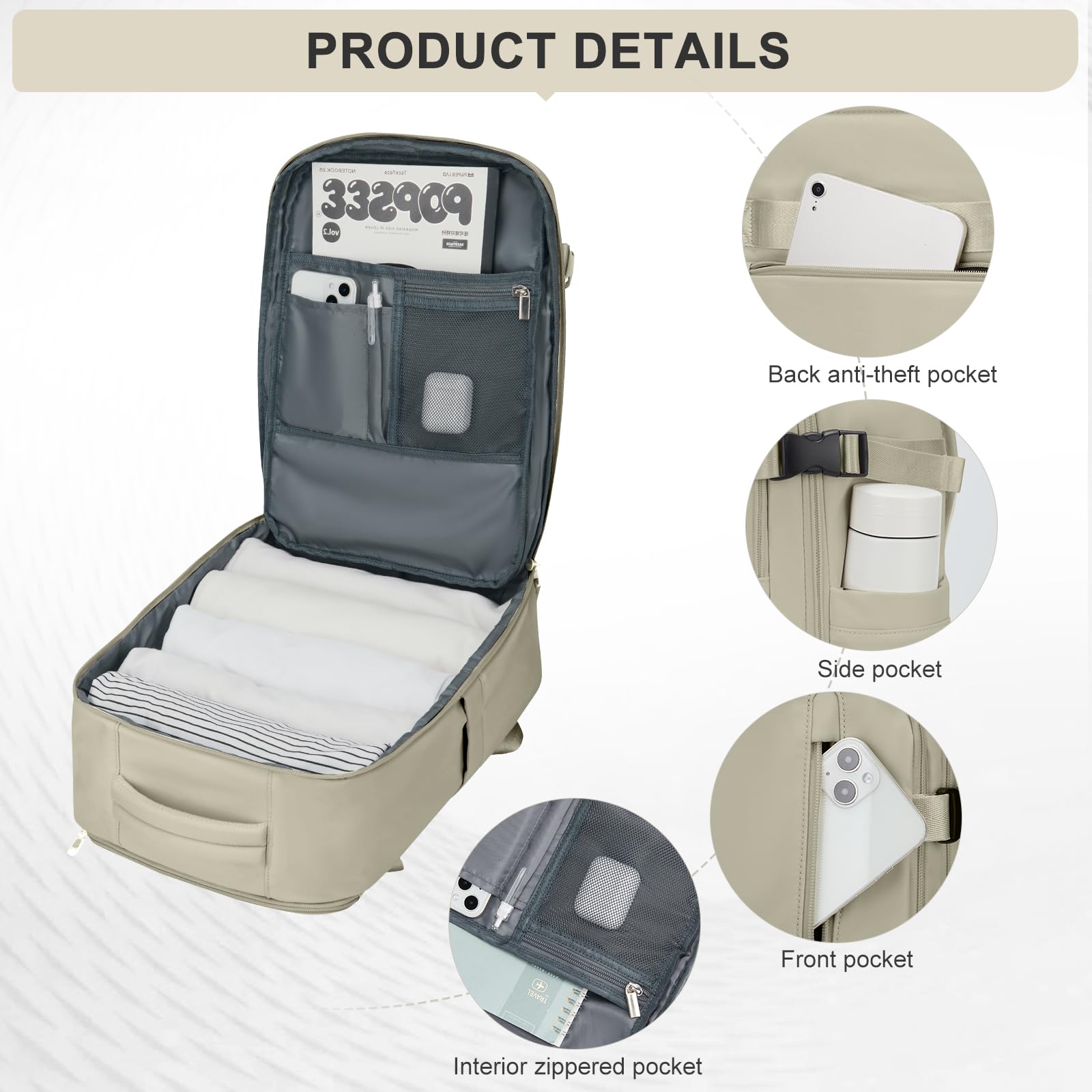 Zaino da Viaggio per Ryanair 40x20x25 Bagaglio a Mano Zaino Borse da Cabina per Ryanair Il Sedile Zaino Aereo Bagaglio a Mano Donna Borsa Cabina Viaggio Zaino Viaggio Casual Daypack,Grigio-Marrone