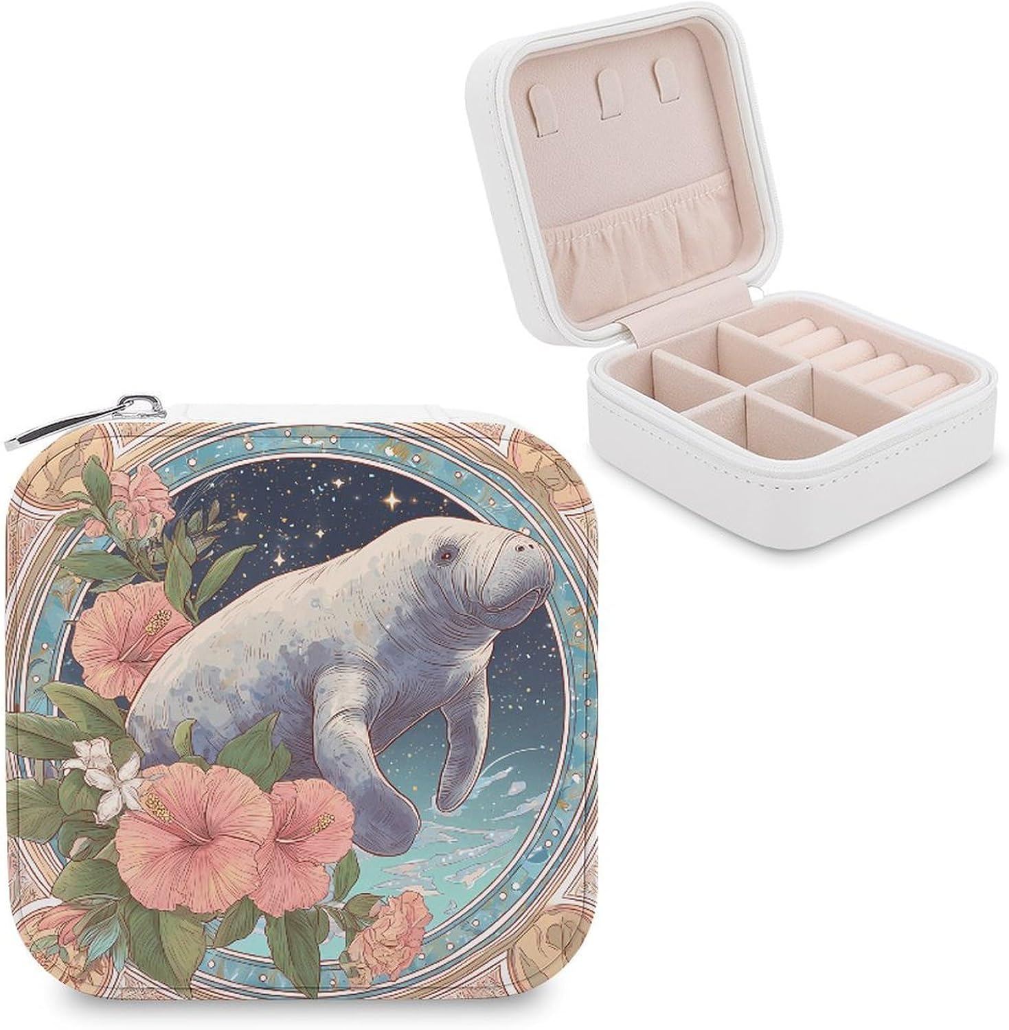 Manatees Hibiscus Flower Mini Jewelry Travel Case Small Box