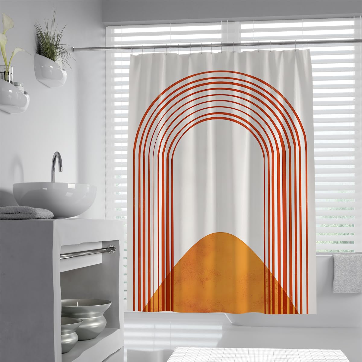 Uiringart Shower Curtains Orange Boho Geometric Sun Arch W180xl200cm Mid Century Nordic Anti Mould Waterproof Bathroom Shower Screen With Hook