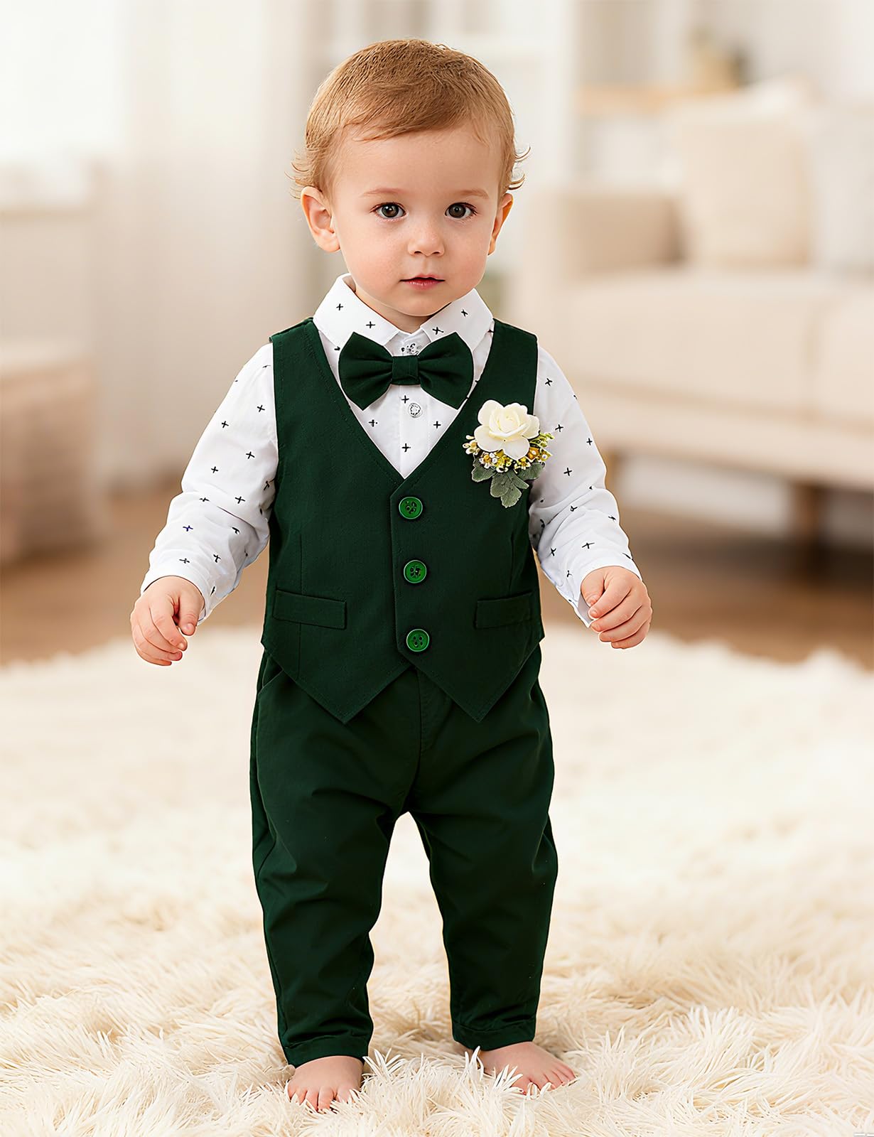 mintgreen Costume Bebe Garcon, 3pcs Ensembles Mariage Gentleman Vêtements Combinaison + Breast Flower Vest + Pantalon