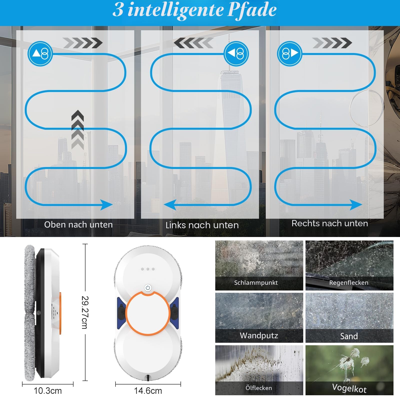 Fensterputzroboter, 5600 Pa Automatischer Fensterreinigungsroboter mit Doppelwasserstrahl, Intelligente Navigation, Kantenerkennung, 3 Reinigungsmodi, Fernbedienung und 8 Tüchern