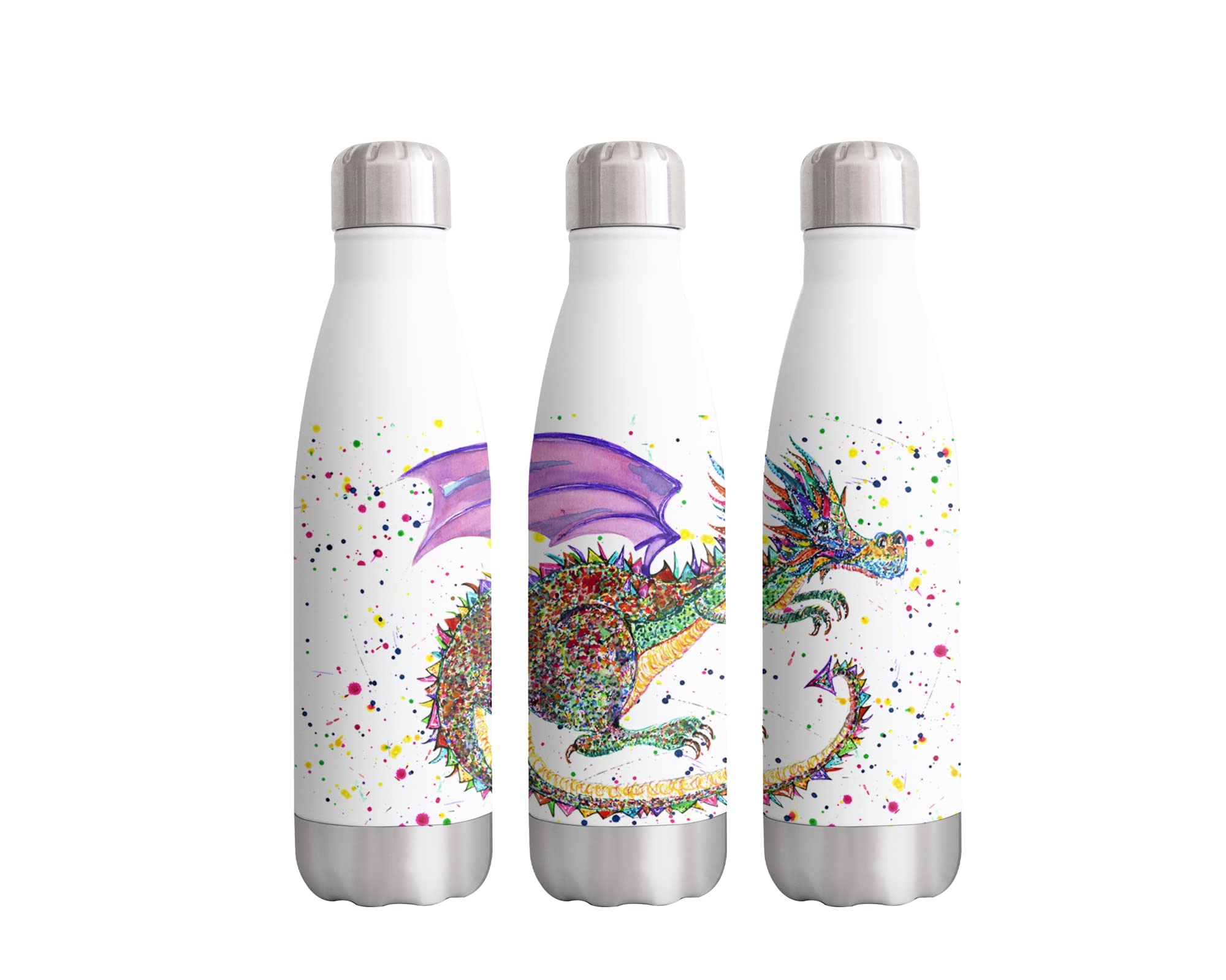 Vixar White Mythical Dragon Lizard Reptile Watercolour Rainbow Art Bottle Double Wall Insulated Stainless Steel Sport Drinks 500Ml Gift Ideal For School Work Office Oudoor Sports Keeps Hot And Cold Drinks