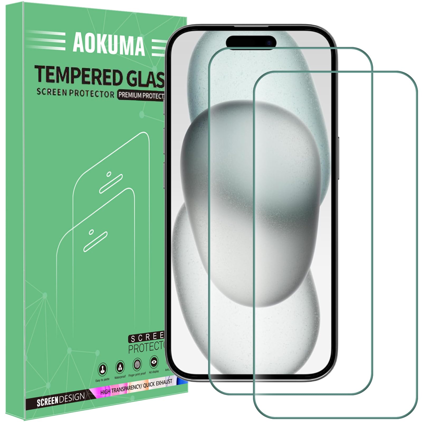 AOKUMA Tempered Glass for iPhone 16/15 6.1, Screen Protector, [2 Pack] Premium Quality Guard Film, Case Friendly, Shatterproof, Shockproof, Scratchproof, Oilproof
