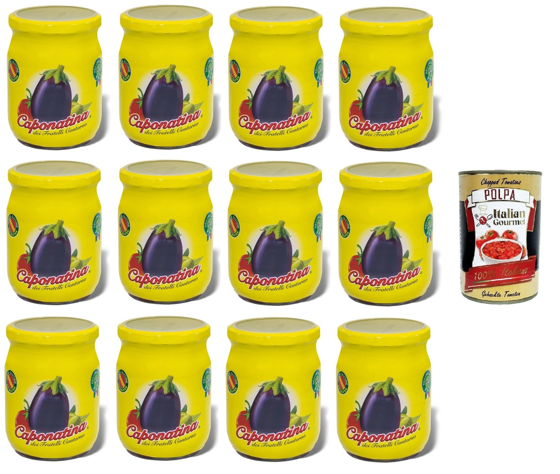 Italian Gourmet Caponatina di Melanzane Antipasto - Berenjena (12 x 540 g) | Verduras encurtidas agridulces; ricetta agrodolce, listo para servir con pan, peso neto total 6,48 kg + Polpa 400 g gratis