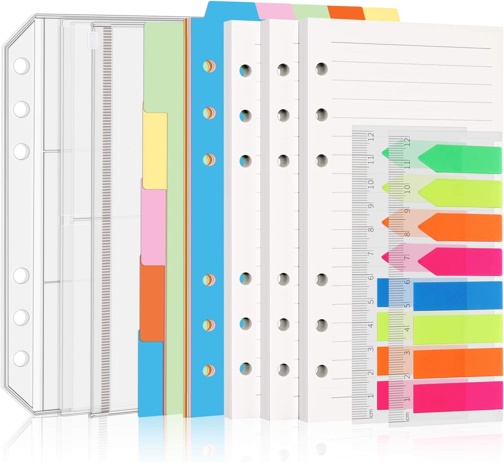 Antner 3 Pack A6 Refill Paper, 2 Pack 160pcs Neon Page Markers, 10pcs Binder Dividers, 3pcs Binder Pockets, 6 Holes Refills Accessories for Refillable A6 6-Ring Binder Notebook Planner