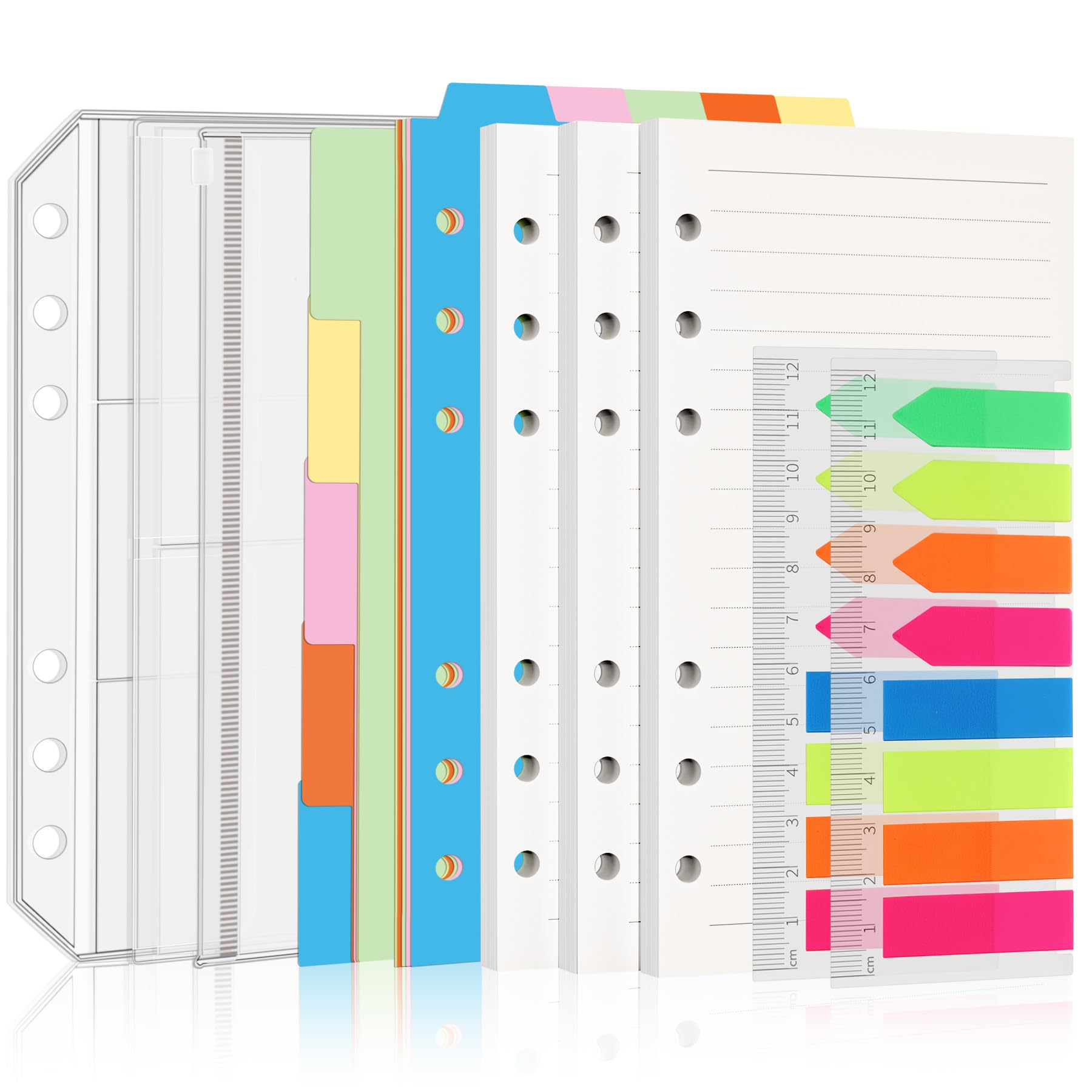 Antner 3 Pack A6 Refill Paper, 2 Pack 160pcs Neon Page Markers, 10pcs Binder Dividers, 3pcs Binder Pockets, 6 Holes Refills Accessories for Refillable A6 6-Ring Binder Notebook Planner