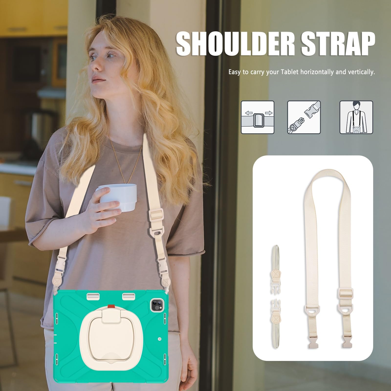Custodia per tablet Custodia in TPU resistente agli urti compatibile con iPad Pro 12.9（2020/2018）, tracolla con impugnatura girevole, copertura protettiva anticaduta antiurto Tavoletta Casa(GREEN-A)