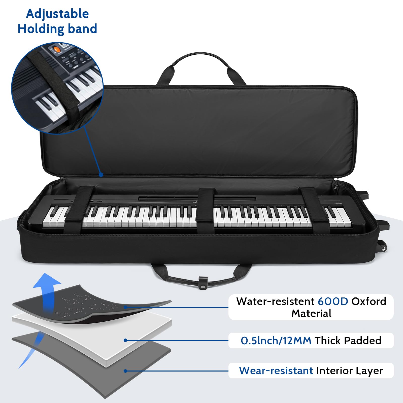 BOSSTIN 88-Tasten-Keyboard-Tasche mit Rollen, Innenmaße: 135,9 x 38,1 x 17,8 cm, wasserdicht, gepolstert, Rolling Gigbag, Keyboard, Klaviertasche für 88 Tasten Klaviertastatur (blau)