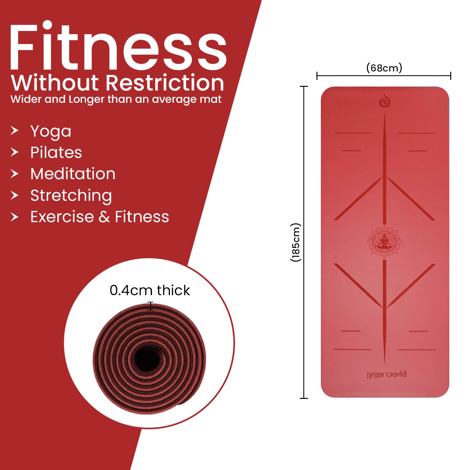 Yoga World Yogamatte zum Ausrichten – rutschfeste TPE-Gummi-Unterseite, weich, dick und langlebig, für Pilates und Heimtraining, biologisch abbaubar, umweltfreundlich, 183 x 66 cm