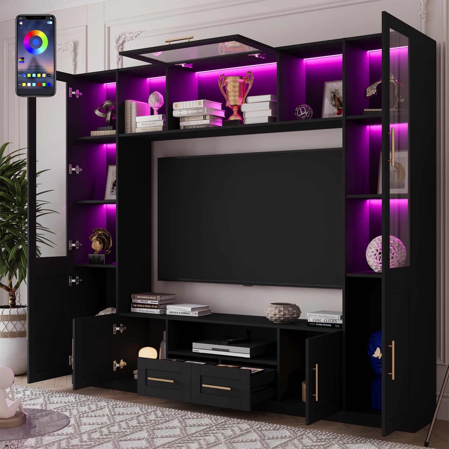 Bobve 94" Wall Unit Entertainment Center for TVs up to 70",Modern TV Console with APP LED Lights,Multifunctional TV Stand with Tempered Glass Door,
