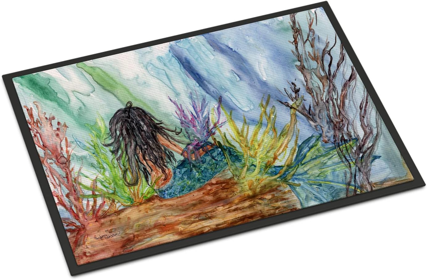 Caroline's Treasures 8974JMAT Black Haired Mermaid Water Fantasy Doormat 24x36 Front Door Mat Indoor Outdoor Rugs for Entryway, Non Slip Washable Low Pile, 24H X 36W