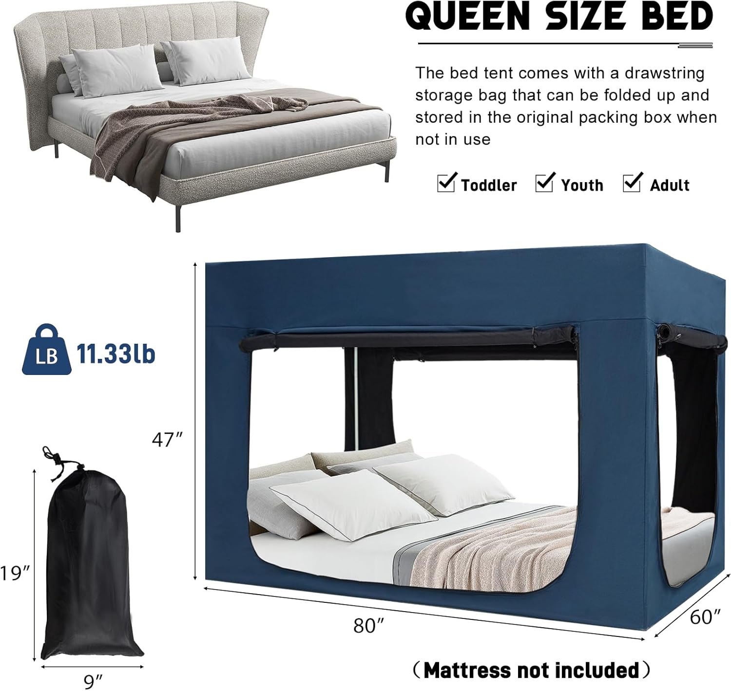 Upgraded Bed Tent Bed Canopy Queen Size Tents for Adult and Kids - Portable Sleeping Bed Tents 90% Blackout with 4 Doors Breathable Private Space Tents(Mattress Not Included)