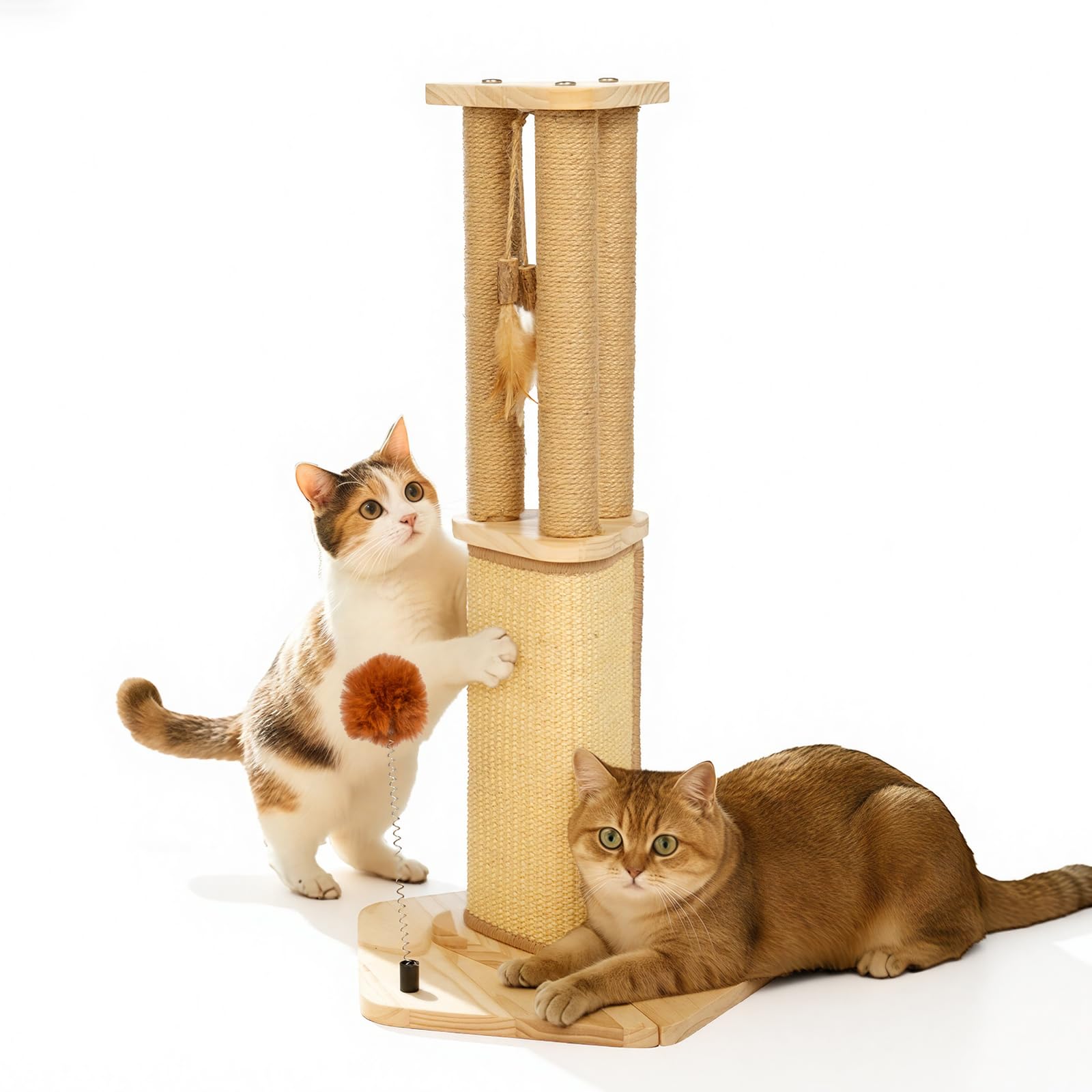 Pawtasy Rascador 67 cm Sisal con Pelota y Plumas para Gatos Interior | Rascador de sisal natural, estable y moderno, con pelota de peluche y plumas, pequeño árbol para gatos de interior