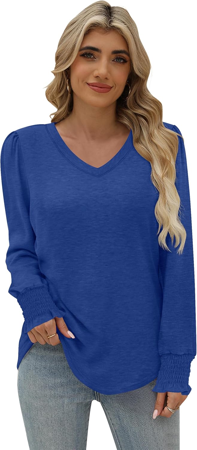Long Sleeve Shirts for Women V Neck T-Shirt Dressy Business Casual Blouses Basic Tee Tunic Tops Work Office Fall Clothing 2025 Blue XXL - Image 2
