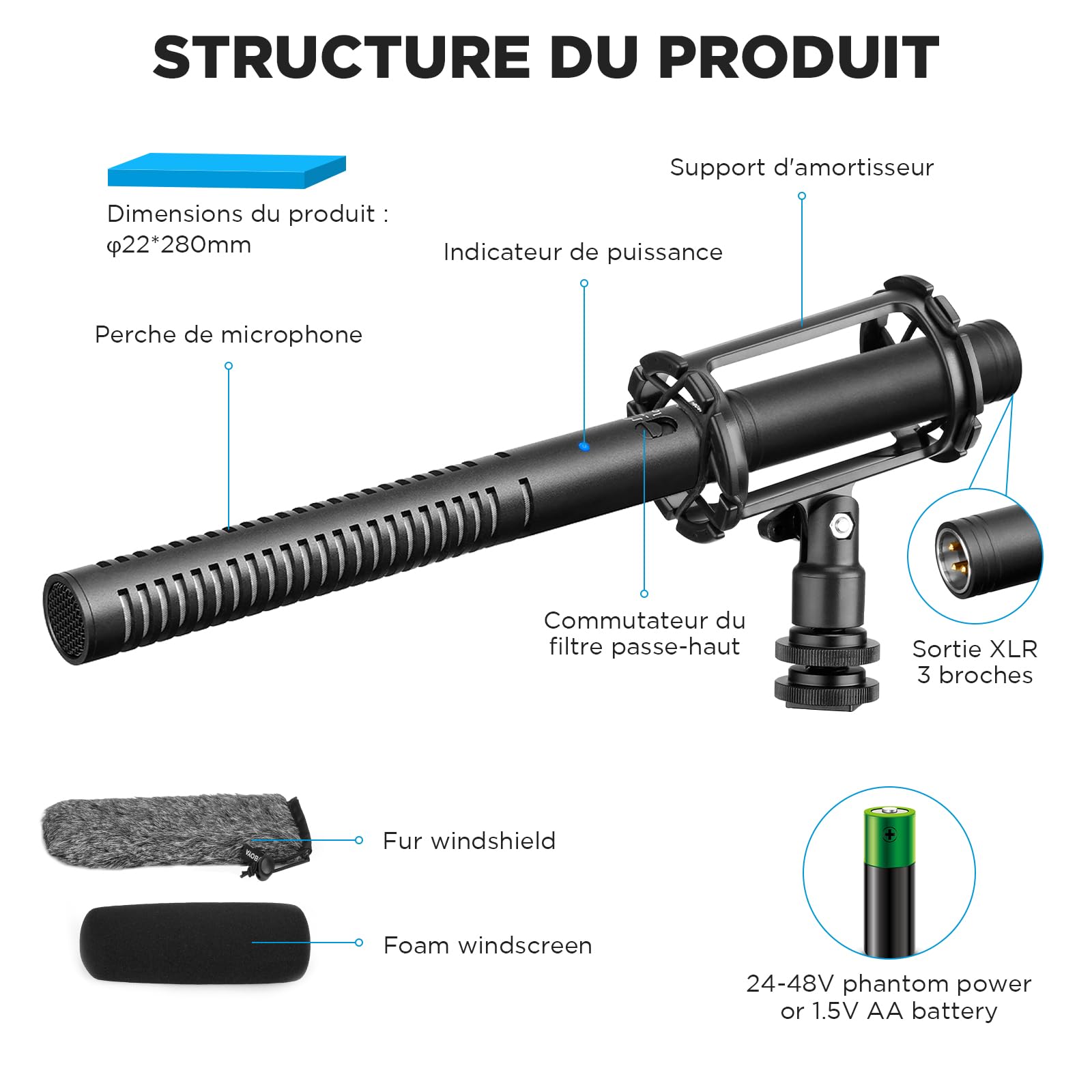 BOYA Microphone XLR BY-BM6060, Micro à condensateur supercardioïde avec Alimentation fantôme 24/48 V pour caméra, caméscope, Interview, Enregistrement d'émissions de télévision, Podcast