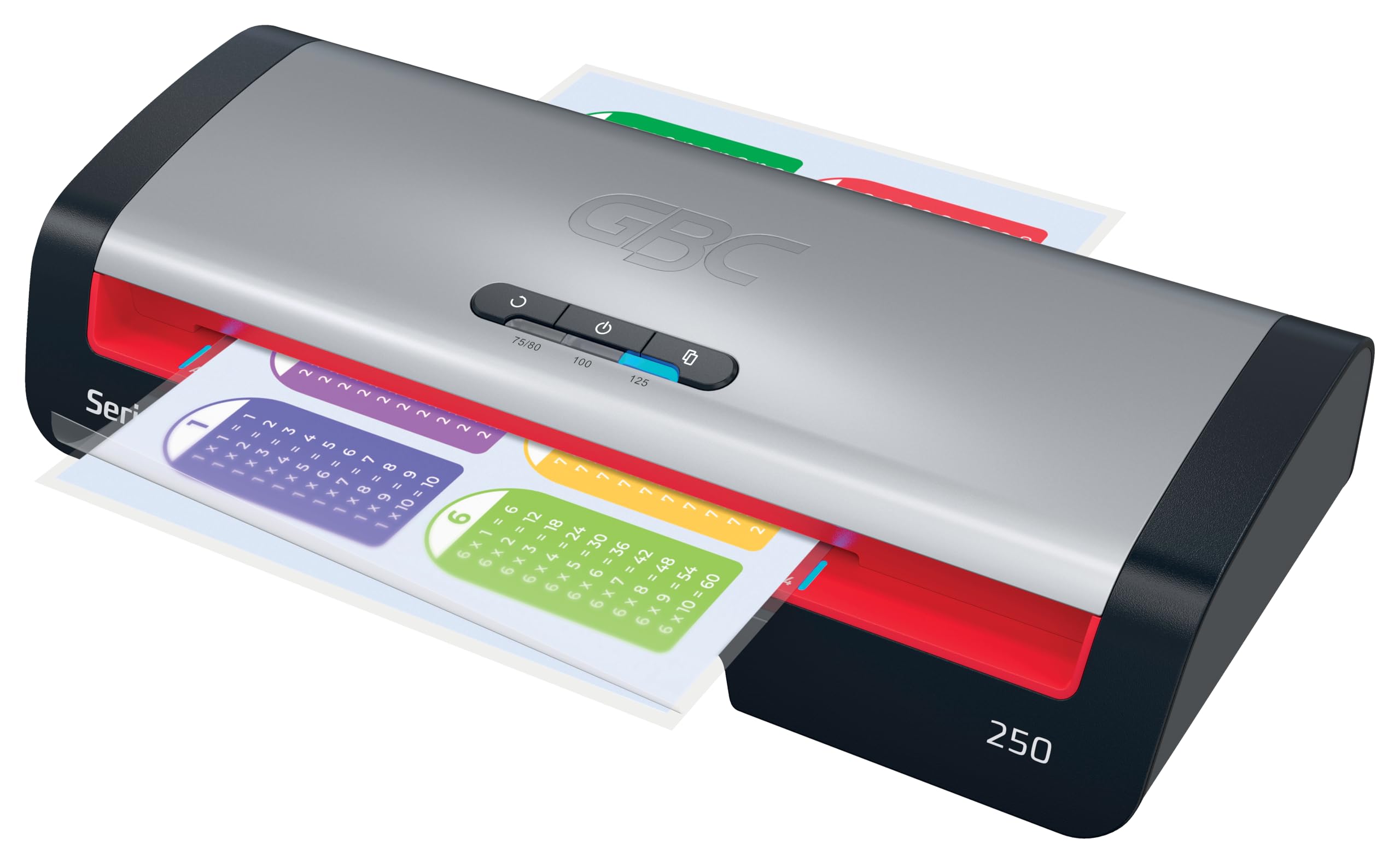 GBC 4410070EU - Plastificadora 250 Office A4, Calentamiento Rápido 1 Minuto, 75-125 Micras, LED de Guía de Entrada, Antiatascos, Apagado Automático, Incluye 5 Fundas de Plastificación A4, Negro/Rojo