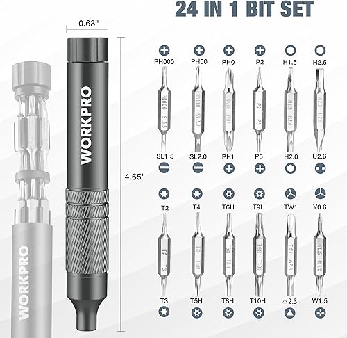 Miniatura 6 de WORKPRO Juego de destornilladores multifunción 24 en 1, mini destornilladores magnéticos con puntas manuales, destornilladores pequeños de acero S2