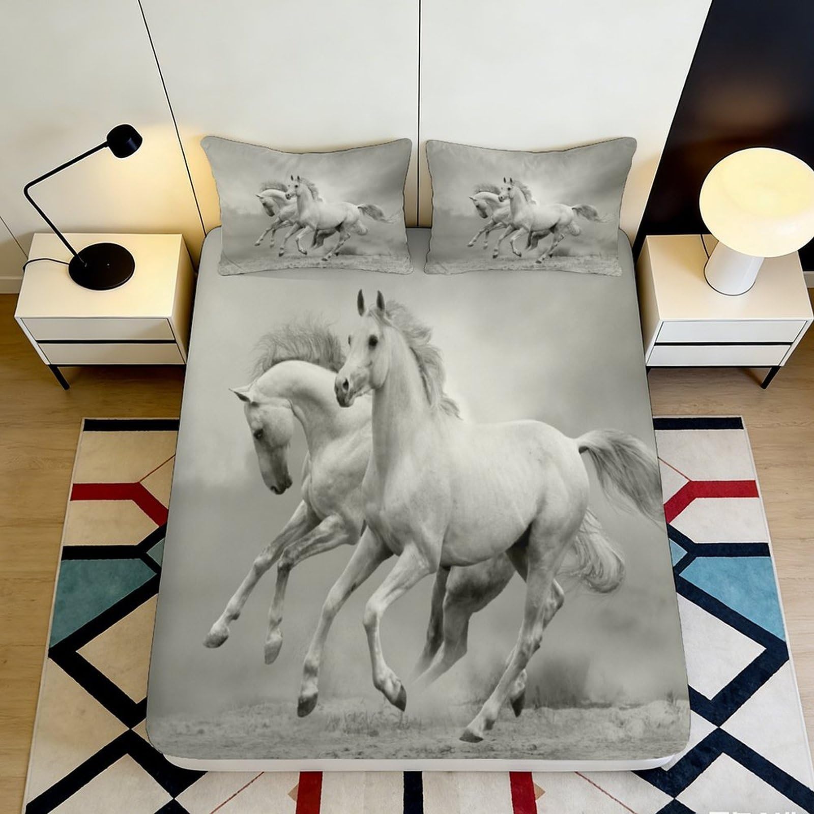 3D Printed White Horse Fitted Sheet Microfiber Soft Anti-Slip Wild Stallion Bed Cover for Bedroom Guest Room Dorm Decor 90x200x25cm
