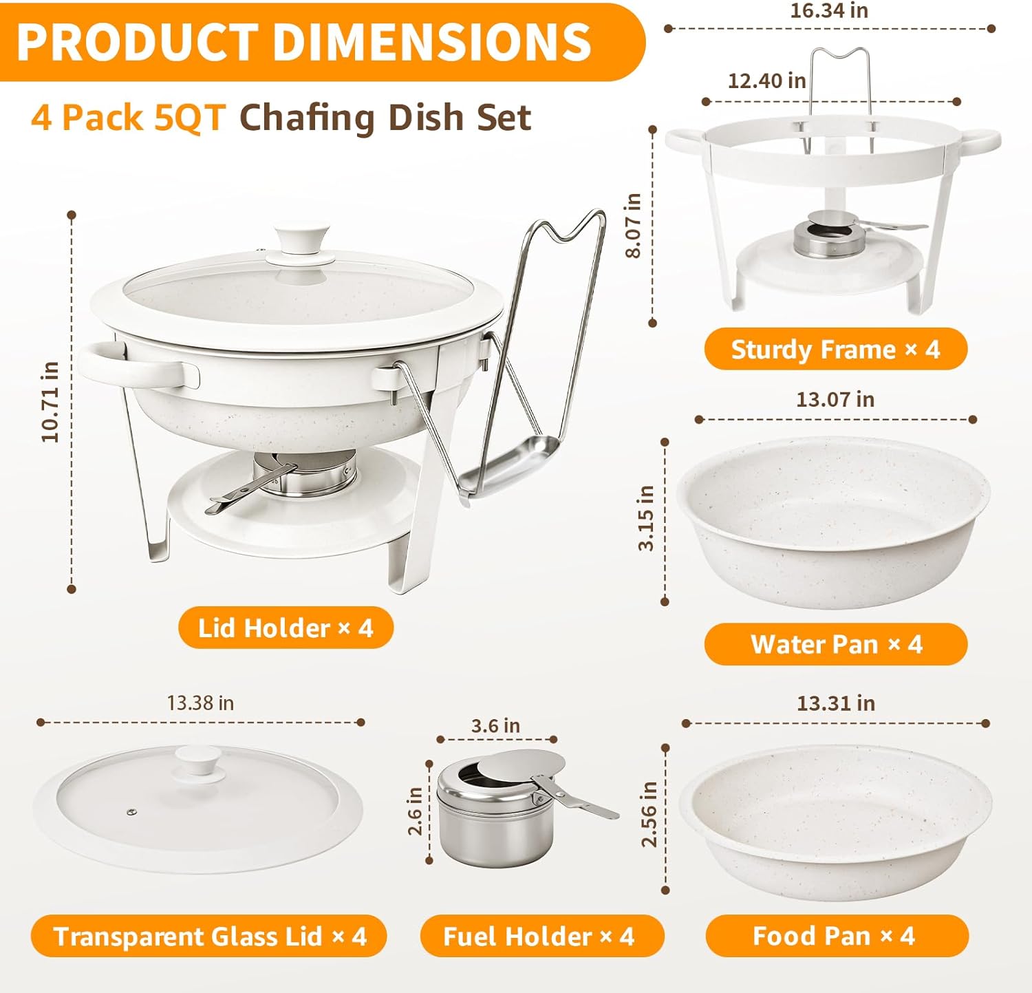 Chafing Dishes for Buffet,4 Pack 5QT Maifanite-Coated Chafing Dishes, White Chafing Dish Buffet Set with Glass Lid and Lid Holder,Food Warmers for Parties Butter for Wedding,Church Events,Birthday