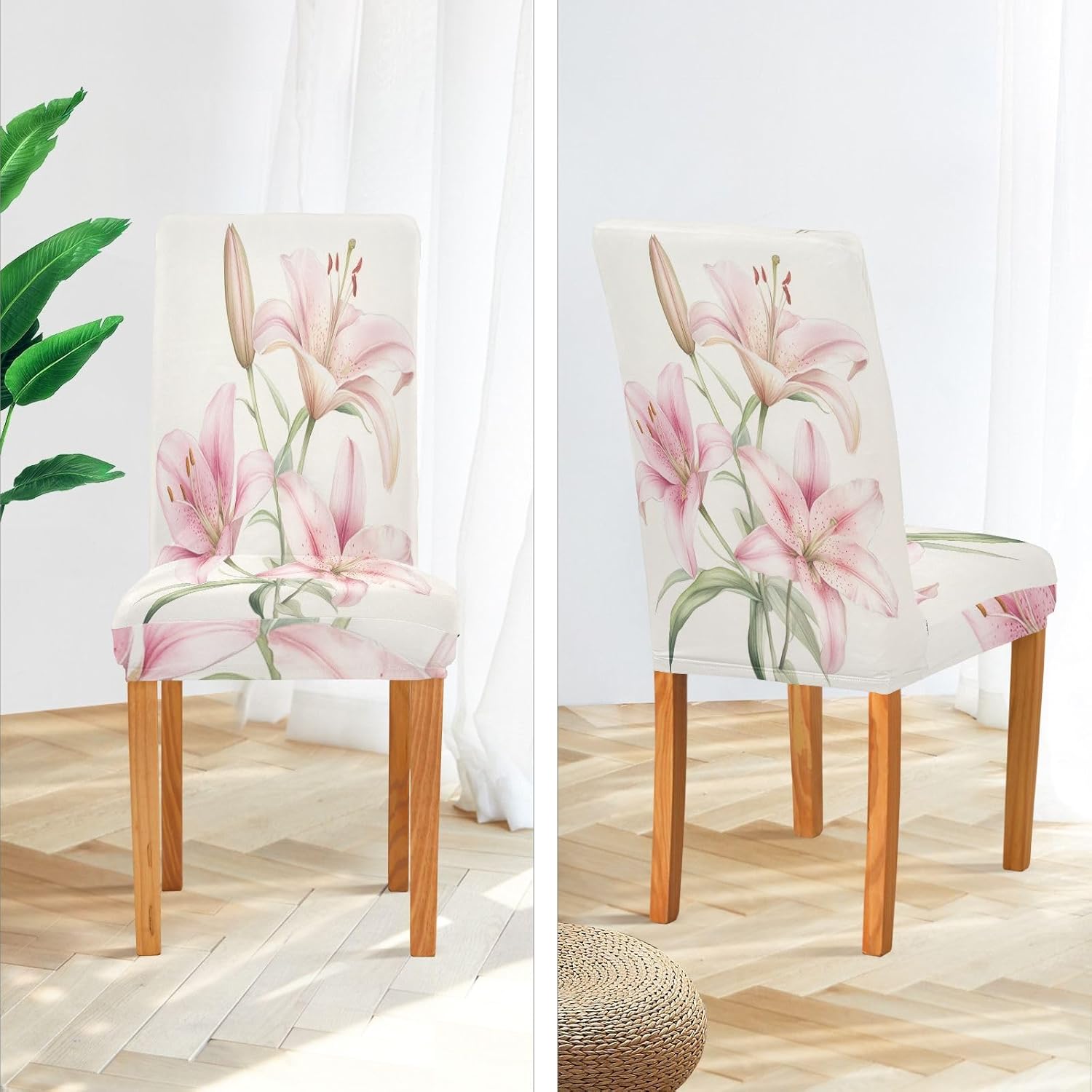 ALAZA Chair Covers for Dining Room, Watercolor A Graceful Collection of Pink Lily Stretch Chair Cover Sets Chair Protector Removable Washable for Ktichen Restaurant Hotel