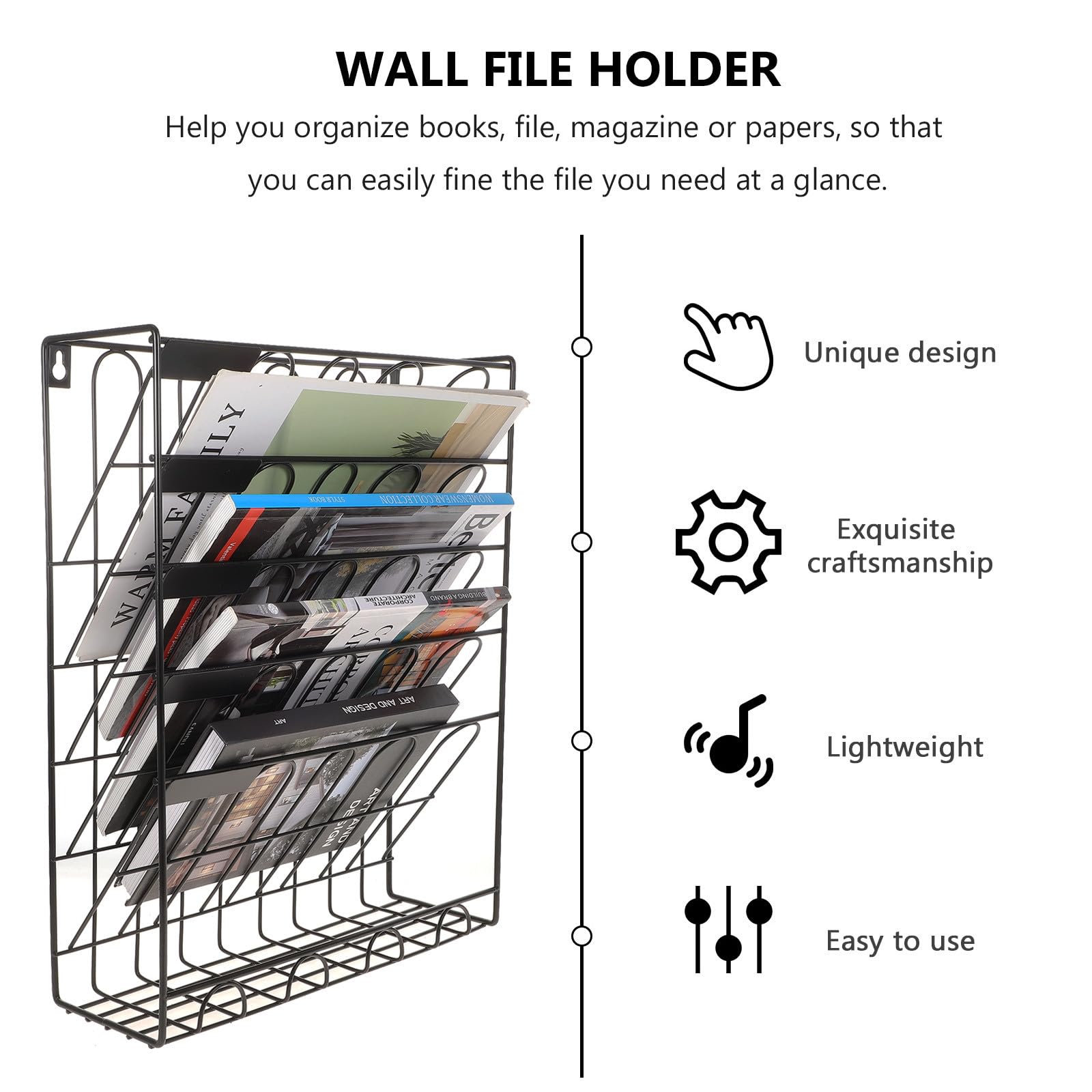Organizador de Archivos y Revistas de Hierro Negro para Oficina, Estante de Pared Funcional para Organizar Documentos y Materiales de Escritorio