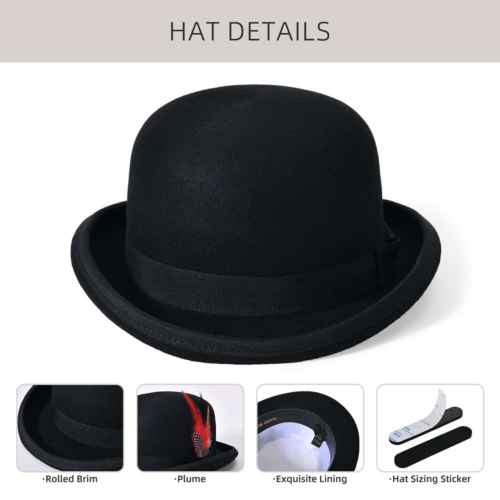 Willheoy Bowler Hut Herren Damen Melone Bowler Filzhut aus 100% Wolle Schwarz Derby Wollfilzhut Herbst Winter für Fasching Halloween Karneval Partyhut