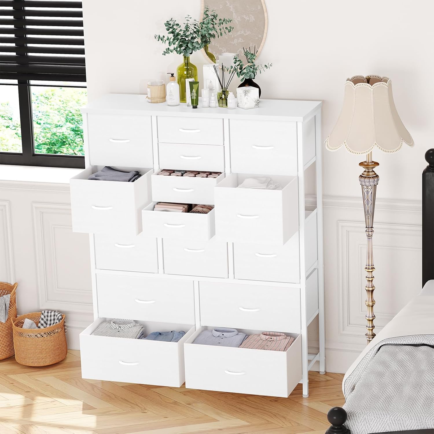 15 Drawers Fabric Dresser for Bedroom, Tall Vertical Storage Dresser & Chests of Drawers, Storage Drawer Organizer w/Metal Frame, Wooden Top for Closet, Bedroom, Living Room, Entryway