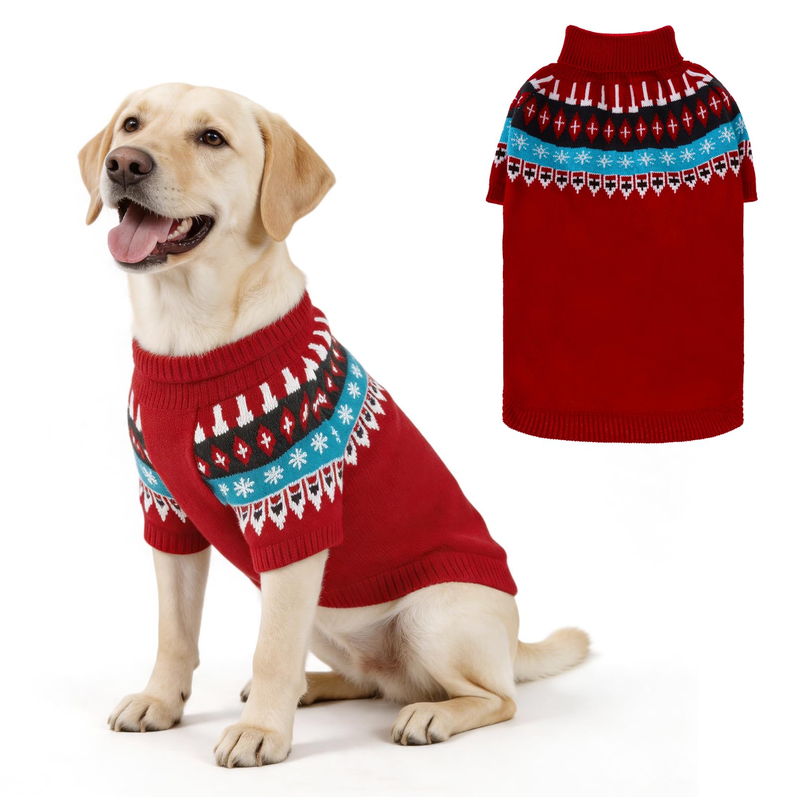 EXPAWLORER Knitted Dog Jumper Turtle Neck in Fair Isle Pattern, Red XL