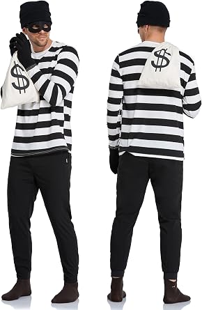 URATOT Halloween Robber Costume Set, Include Striped Long Sleeve T-shirt Knit Cap Gloves Canvas Bags and Eye Mask