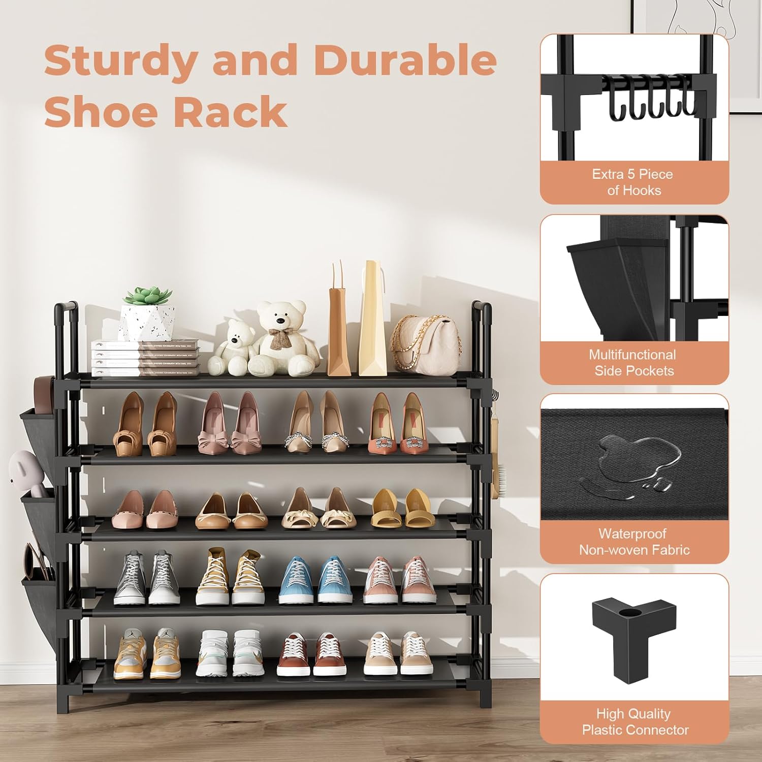 5 Tier Shoe Rack, Shoe Organizer Storage for 20-25 Pair Boot and Sneaker, Stackable Free Standing Shoe Shelf with Hooks and Side Pocket, Space Saving Shoes Rack for Closet, Entryway