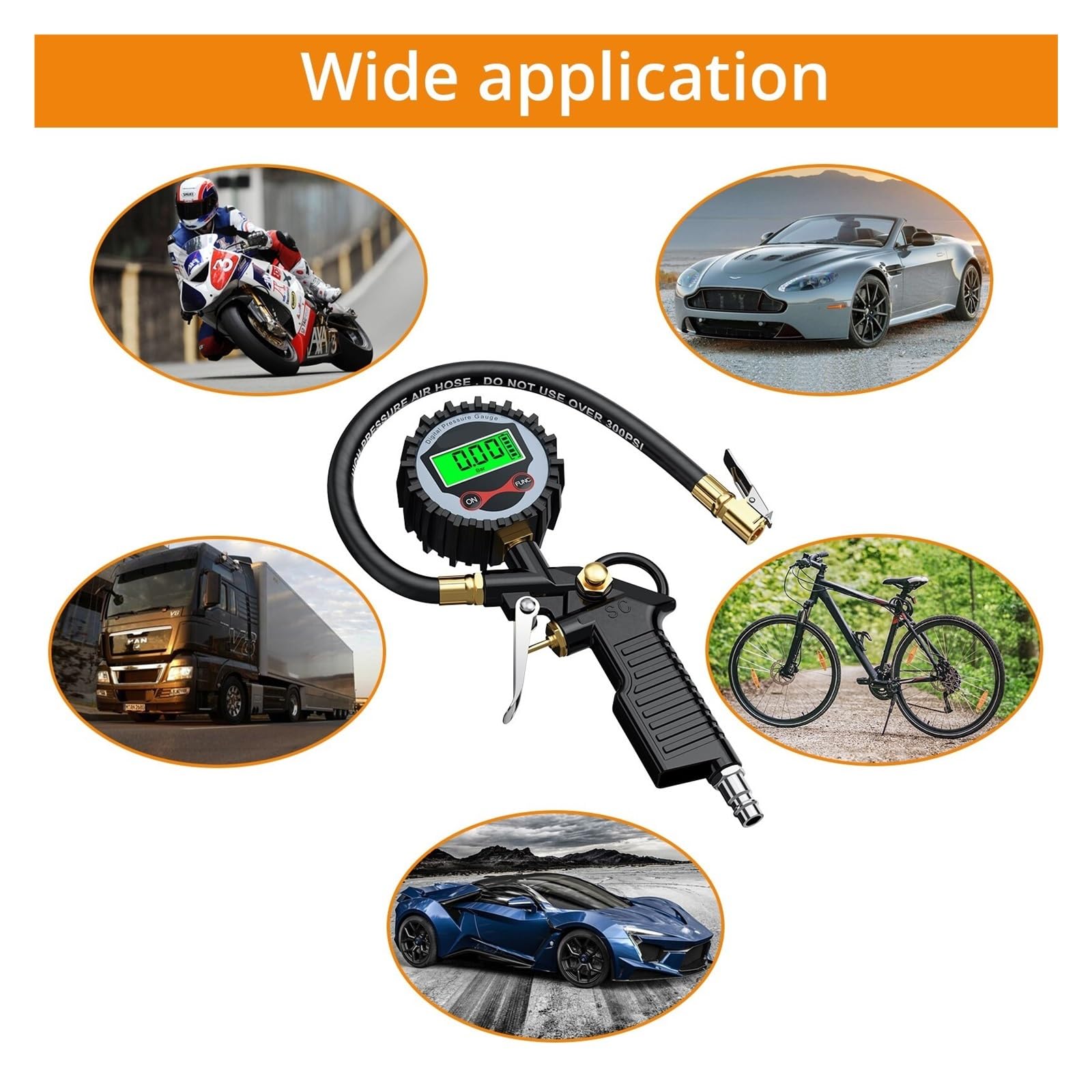 Manometro Pressione Acqua Manometro for la pressione dei pneumatici con display digitale, manometro for gonfiaggio, tester for veicoli retroilluminazione e 5 cappucci for valvole neri per Auto