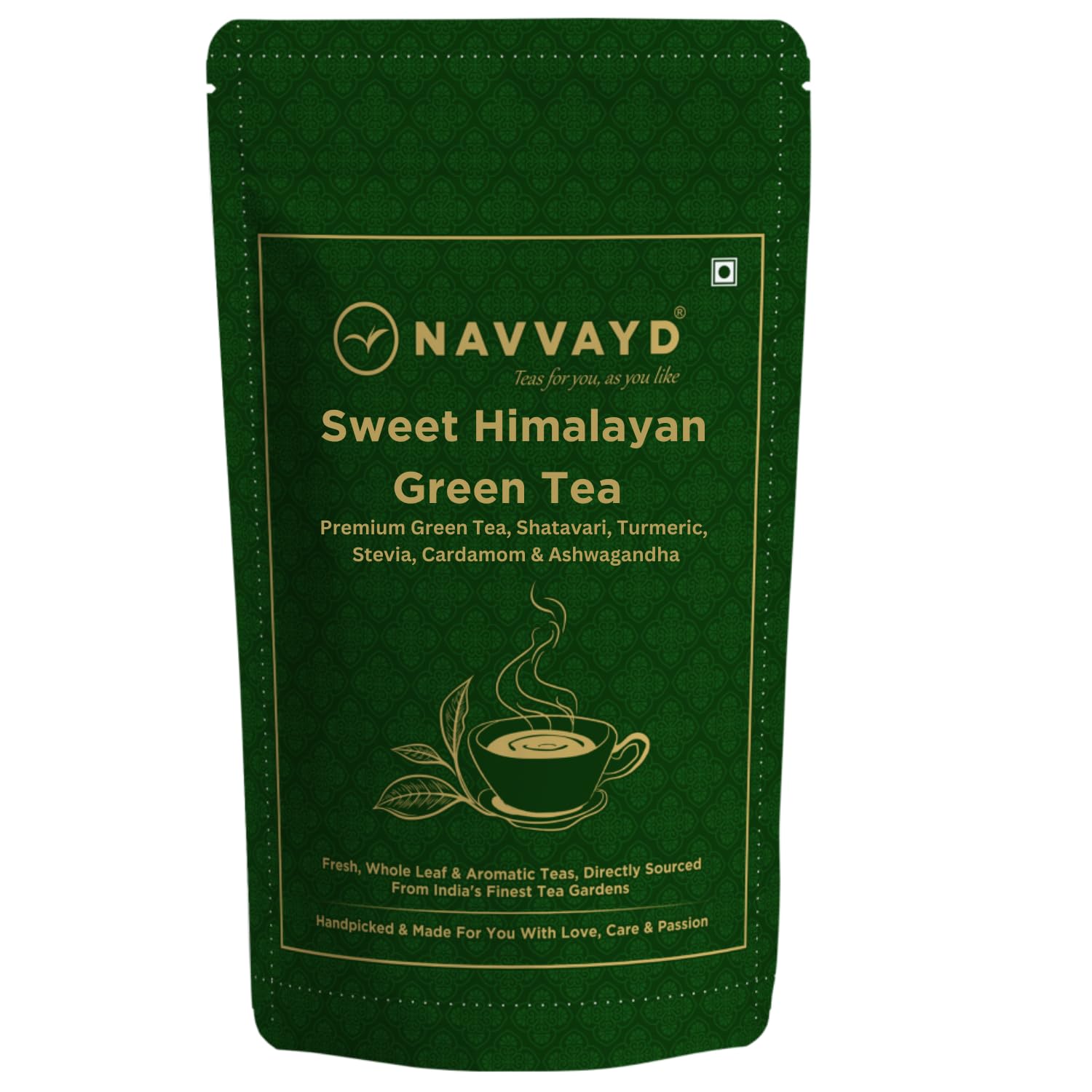 NAVVAYD Sweet Himalayan Green Tea | Loose Leaf | Ashwagandha | Shatavari | Turmeric & Cardamom | 3.52 Oz (100g) | Assam Tea | Organic leaves | Herbal | Daily Energy