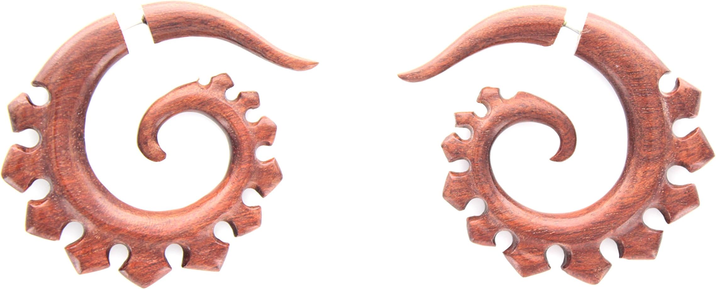 Blood Wood Tribal Stlye Sprial Fake Gauges Earrings Hand Carved Saba Wood Earrings