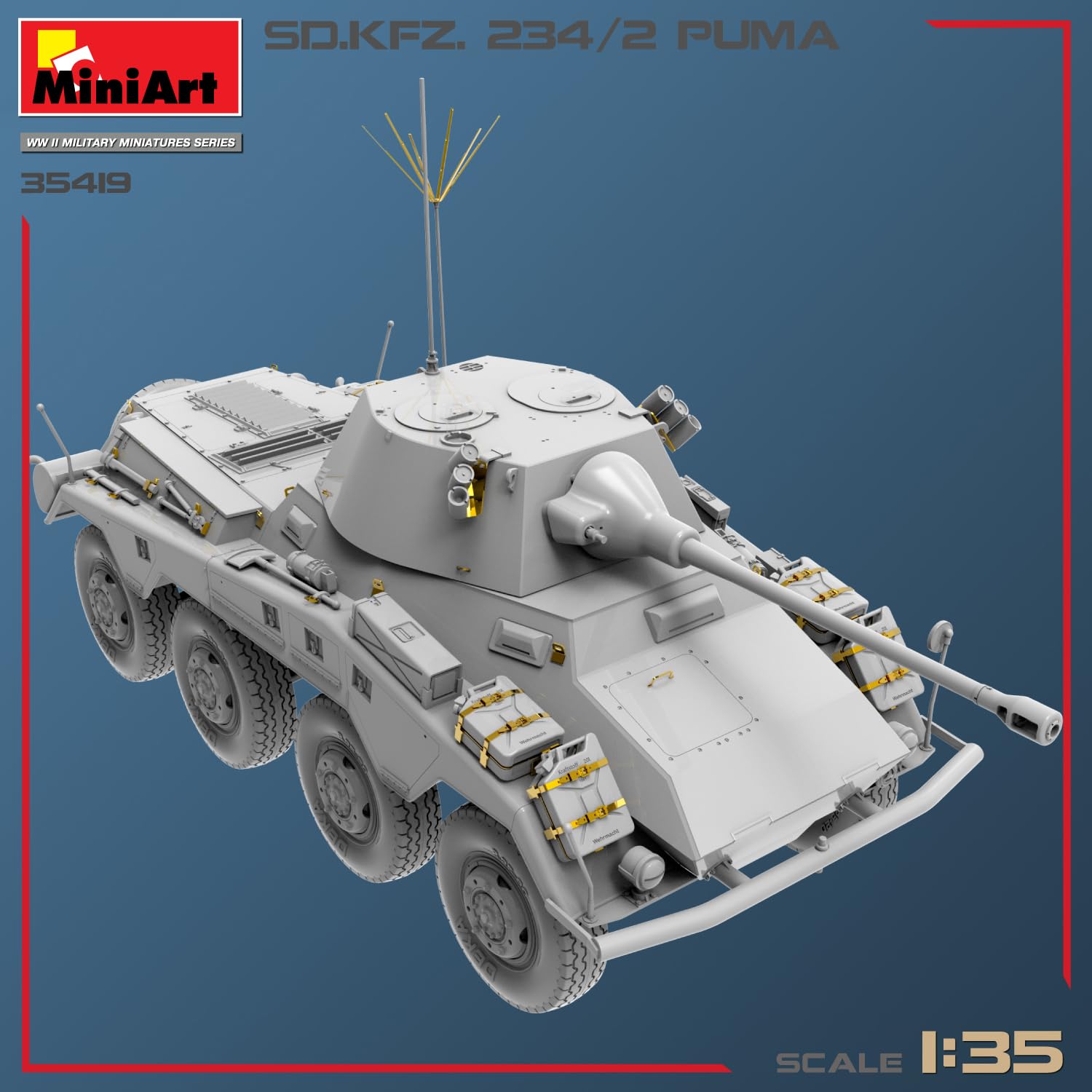 MiniArt 35419 1:35 Sd.Kfz.234/2 Puma – Reproducción fiel a modelo, kit de construcción de plástico, manualidades, afición, pegar, maqueta, montaje, sin barnizar