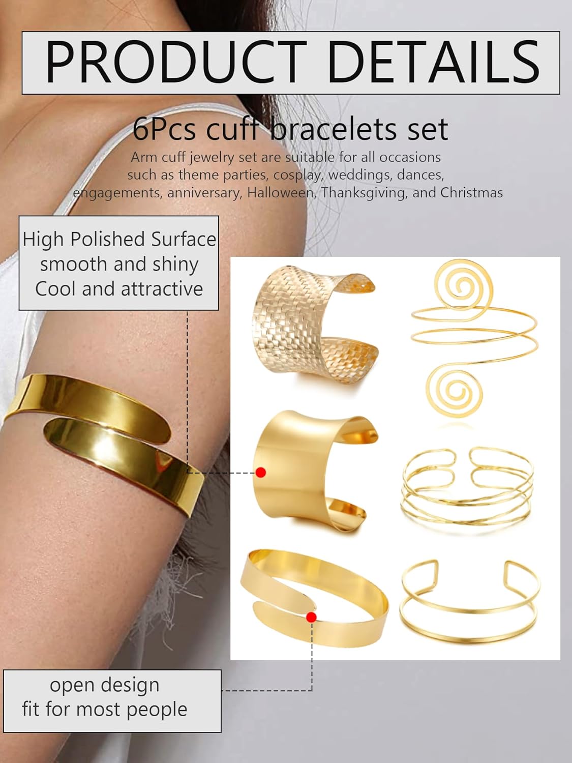 BROCC 6PCS Arm Cuff Upper Arm Band Gold Cuff Bracelets for Women Upper Arm Cuff Bangle for Women Adjustable Armband Set - Image 2