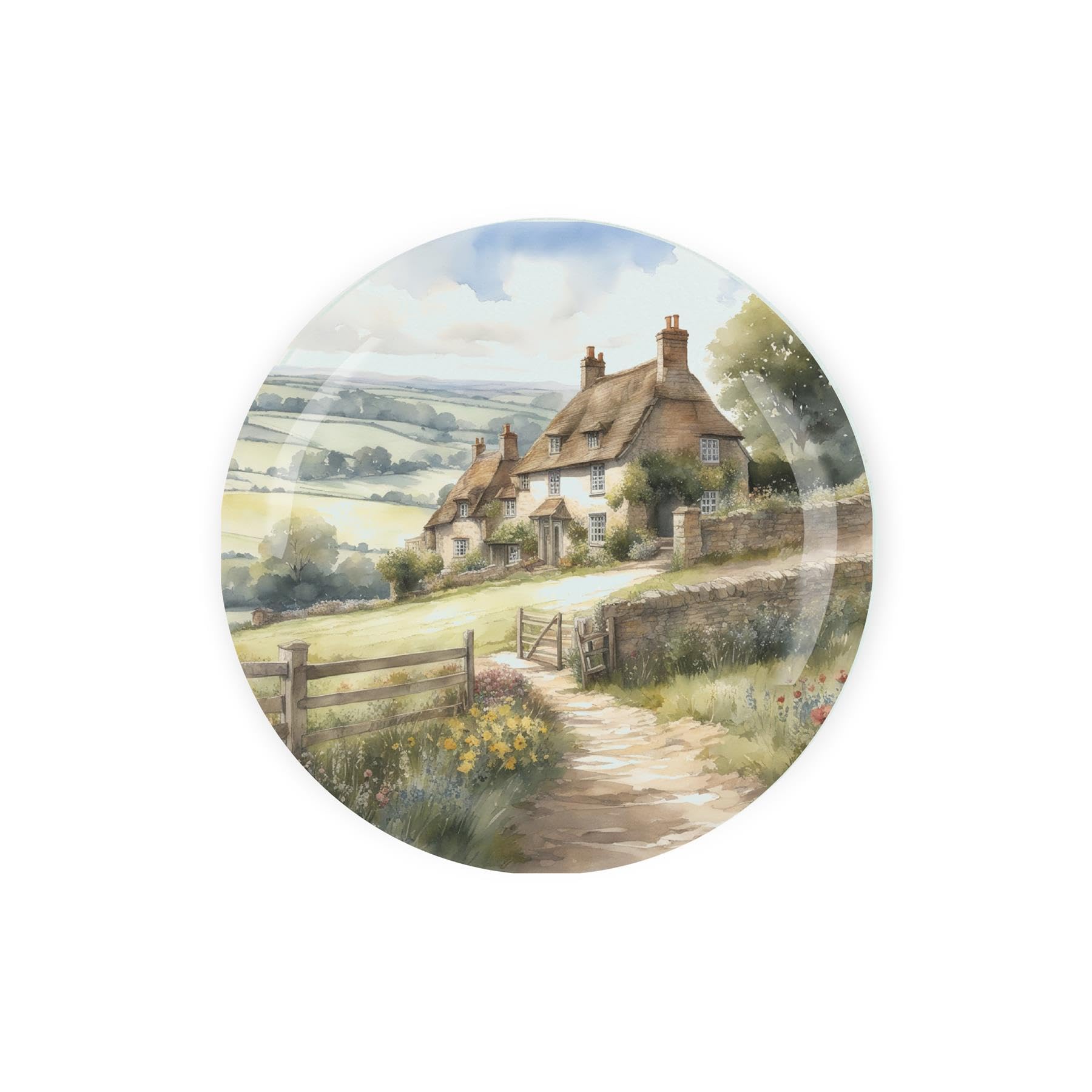Farmhouse Round Glass Trivet Worktop Saver - Rural Countryside - Textured Kitchen Chopping/Cutting Board Worktop Protector with Non-Slip Feet 20cm x 20cm (8" x 8")