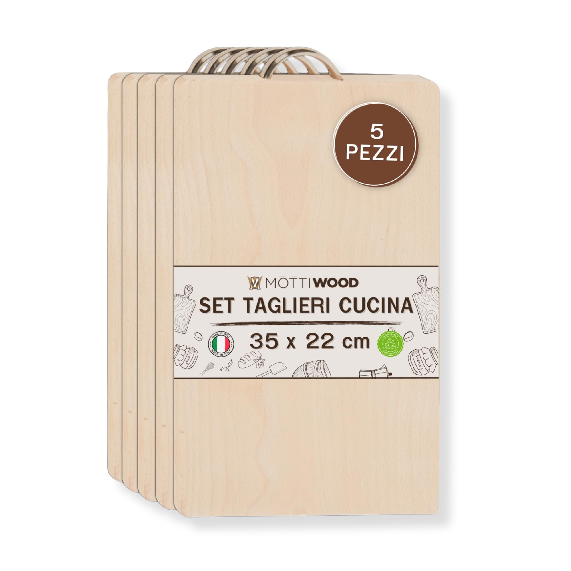 Lot de 5 planches à découper en bois avec poignée en métal, 35 x 22 cm, 100 % bois hêtre, planche à découper pour légumes, fruits, salami, ne gâche pas couteaux, fabriqué en Italie, 5 pièces
